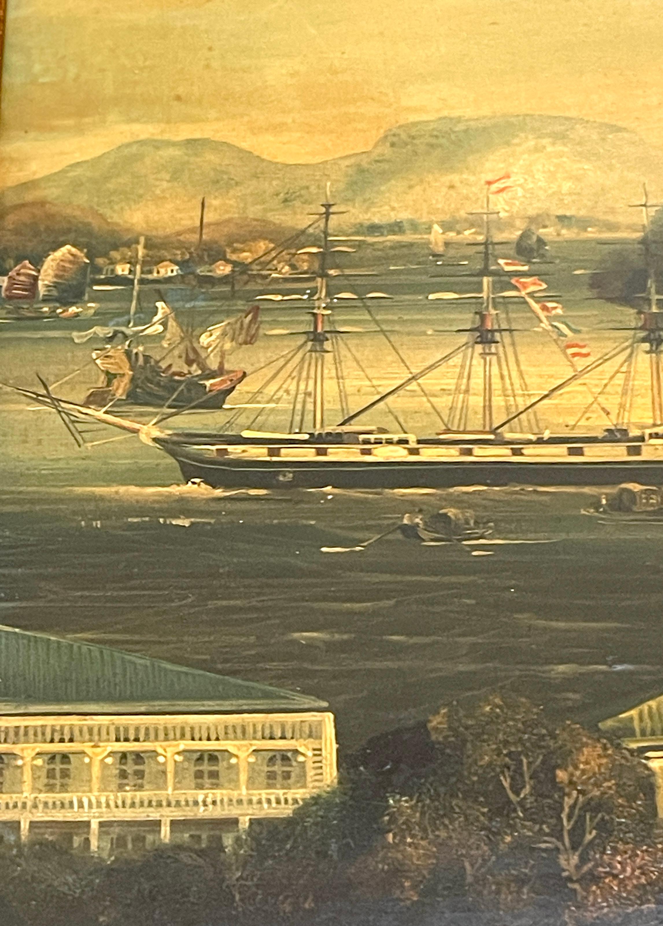 Satz von vier chinesischen Exportgemälden des 19. Jahrhunderts mit Hafen- und Seelandschaft   im Angebot 8