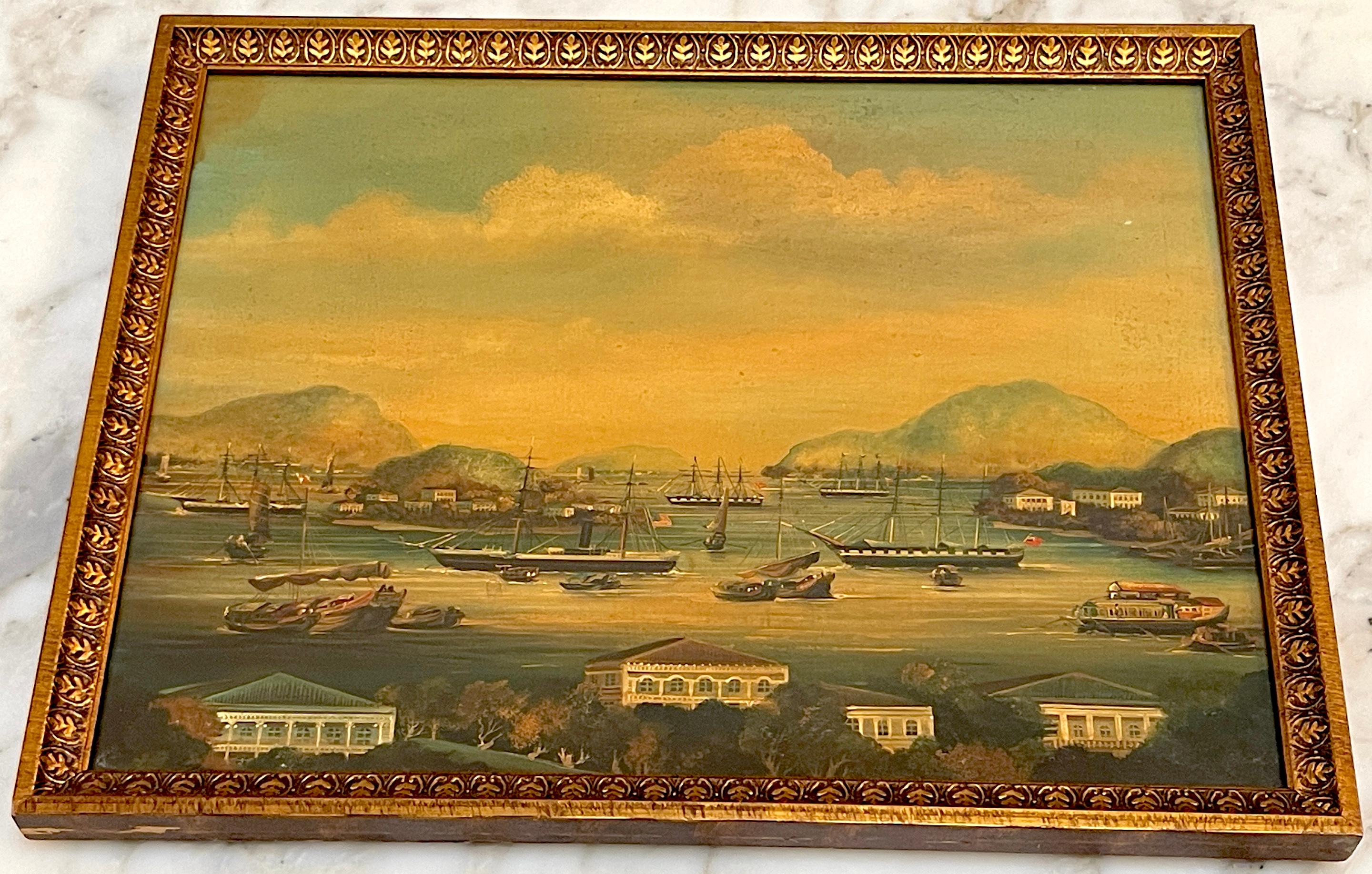 Satz von vier chinesischen Exportgemälden des 19. Jahrhunderts mit Hafen- und Seelandschaft   im Angebot 9