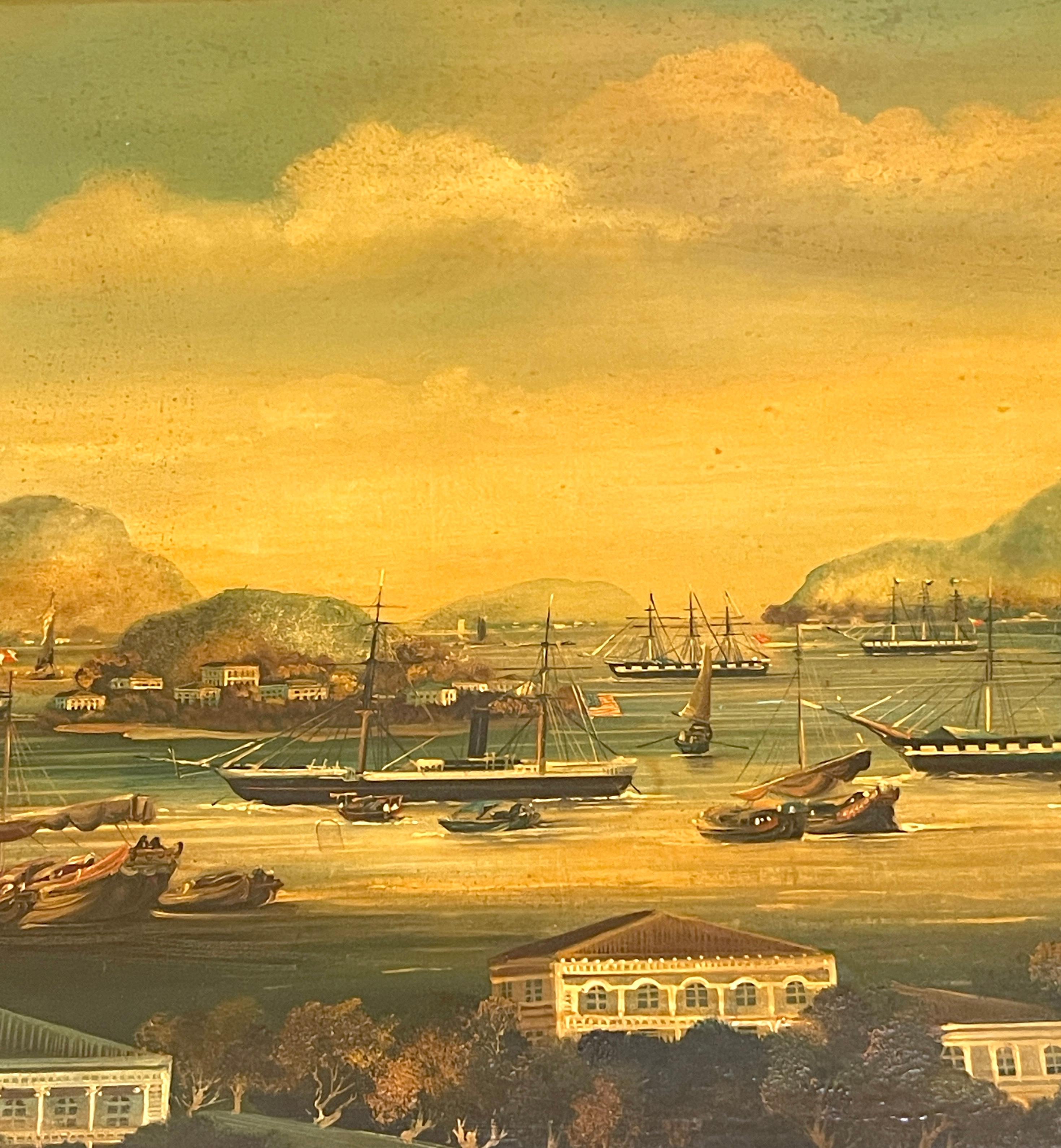 Satz von vier chinesischen Exportgemälden des 19. Jahrhunderts mit Hafen- und Seelandschaft   im Angebot 11