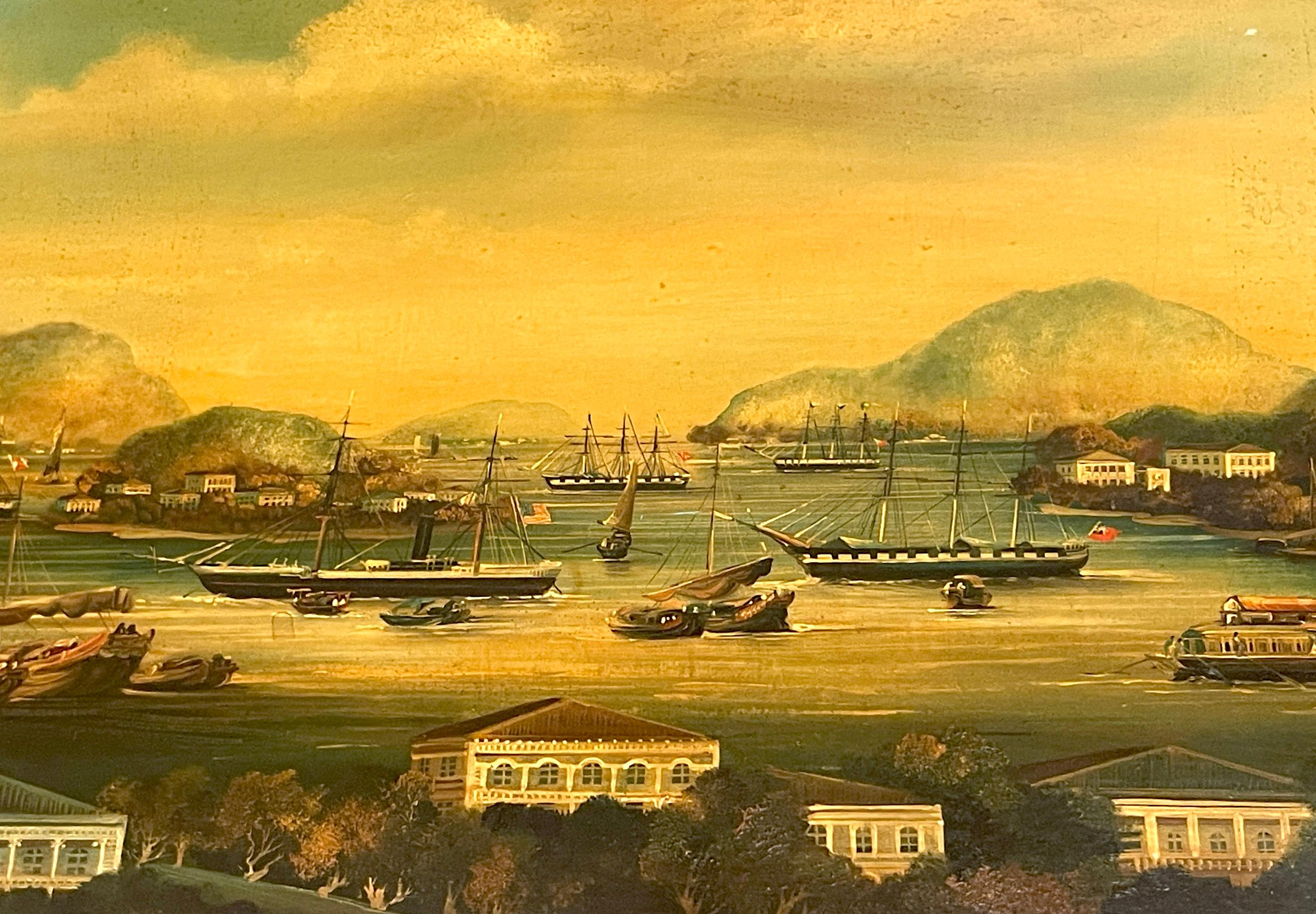 Satz von vier chinesischen Exportgemälden des 19. Jahrhunderts mit Hafen- und Seelandschaft   im Angebot 12