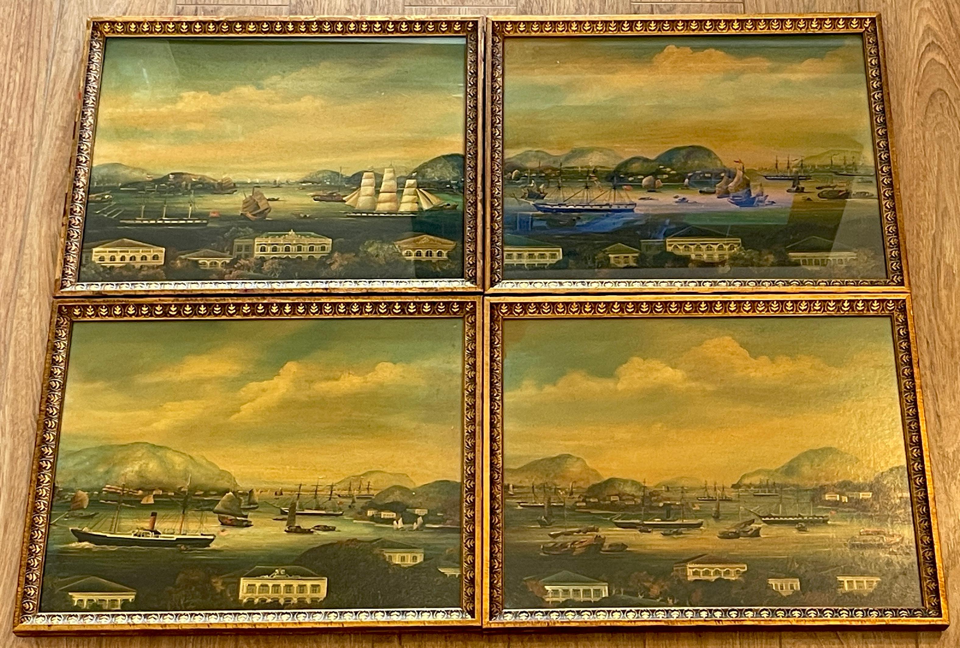 Set of Four 19th-Century Chinese Export Harbor and Seascape Paintings 
Chinese School, Hand Painted on Silk, Measuring 14.5 inches wide by 11 inches high (sight), Laid on Board

Immerse yourself in the enchanting world of 19th-century Chinese