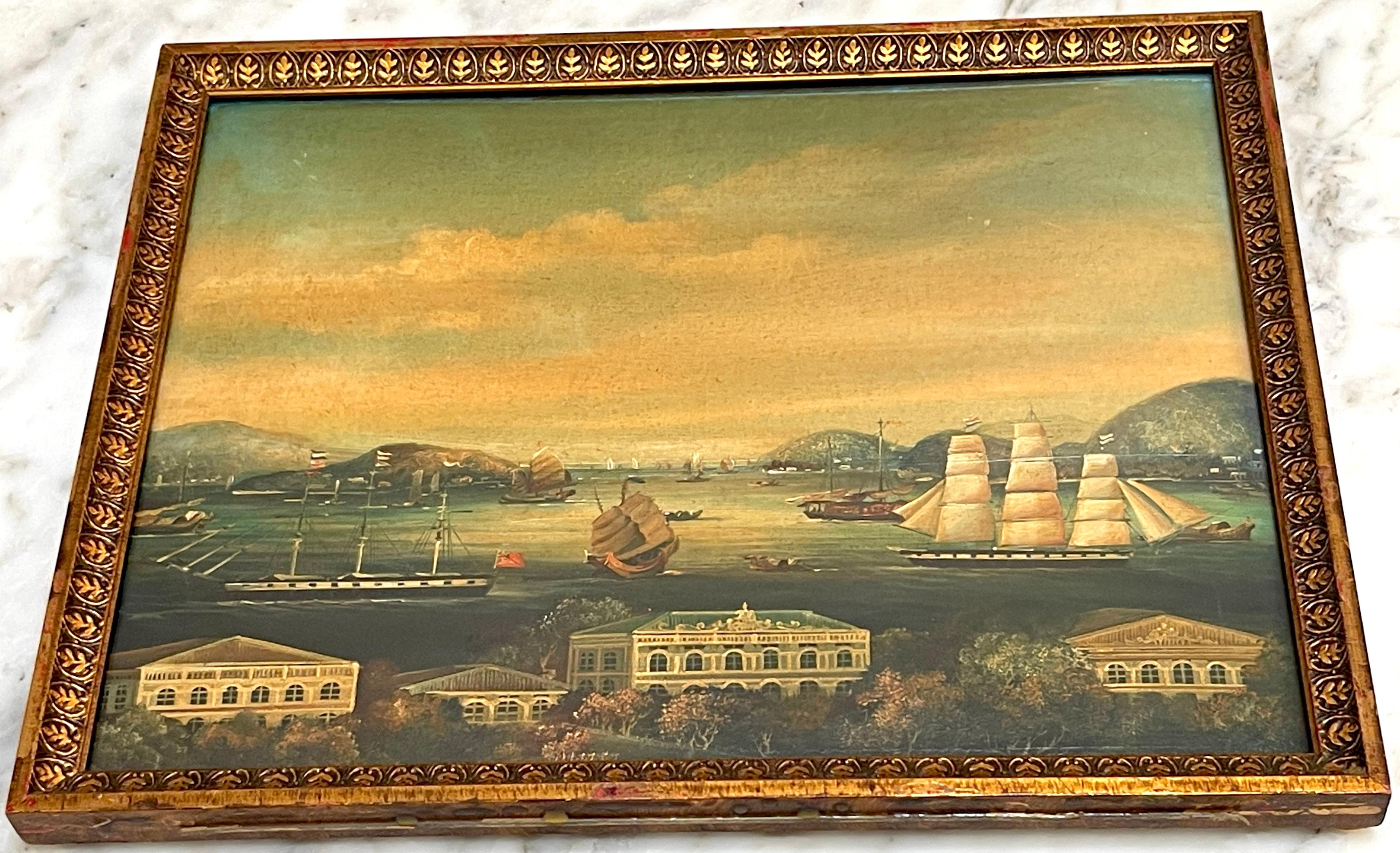 Hand-Painted Set of Four 19th Century Chinese Export Harbor / Seascape Paintings   For Sale