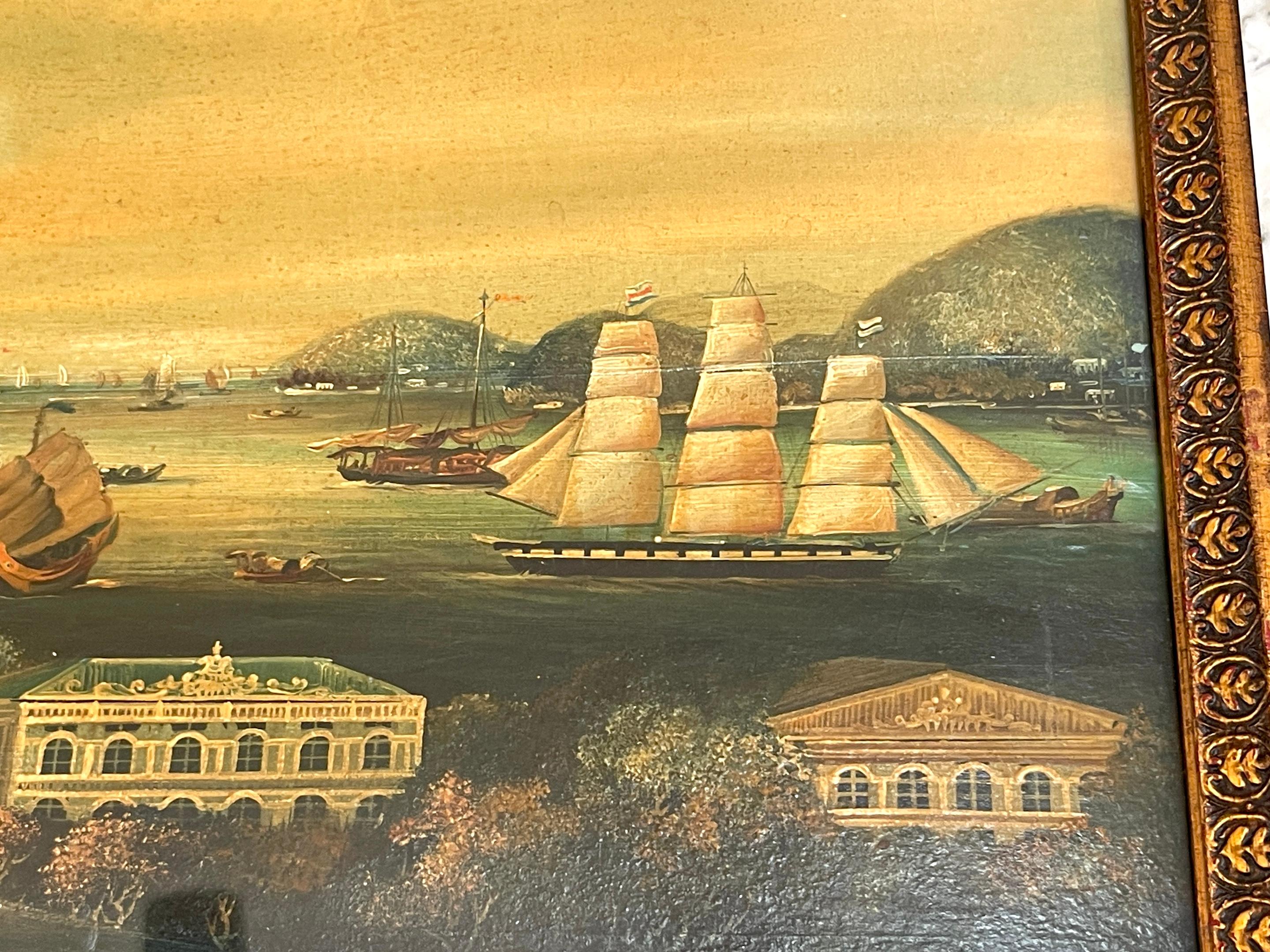 Set of Four 19th Century Chinese Export Harbor / Seascape Paintings   In Good Condition For Sale In West Palm Beach, FL