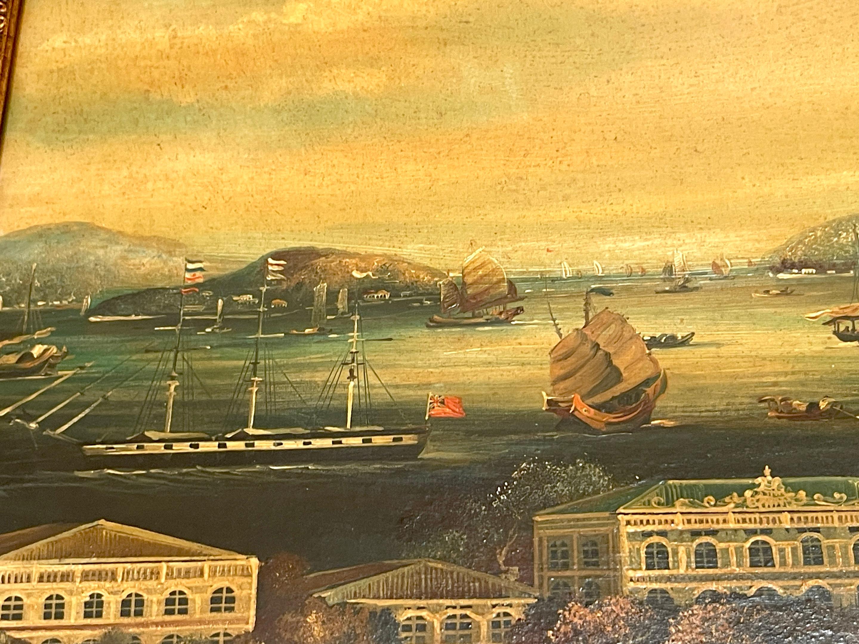 Satz von vier chinesischen Exportgemälden des 19. Jahrhunderts mit Hafen- und Seelandschaft   im Zustand „Gut“ im Angebot in West Palm Beach, FL