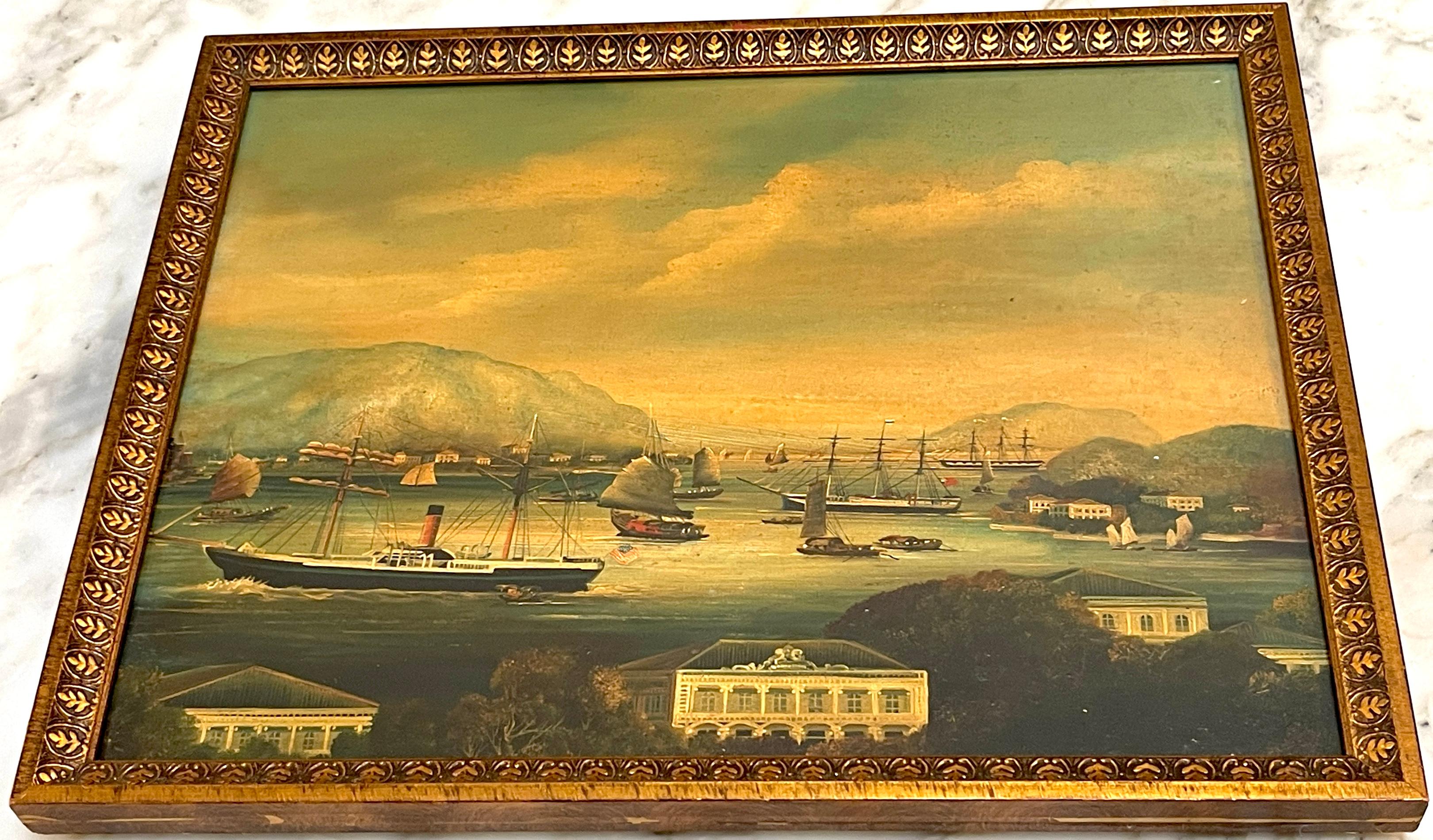 Satz von vier chinesischen Exportgemälden des 19. Jahrhunderts mit Hafen- und Seelandschaft   (Seide) im Angebot