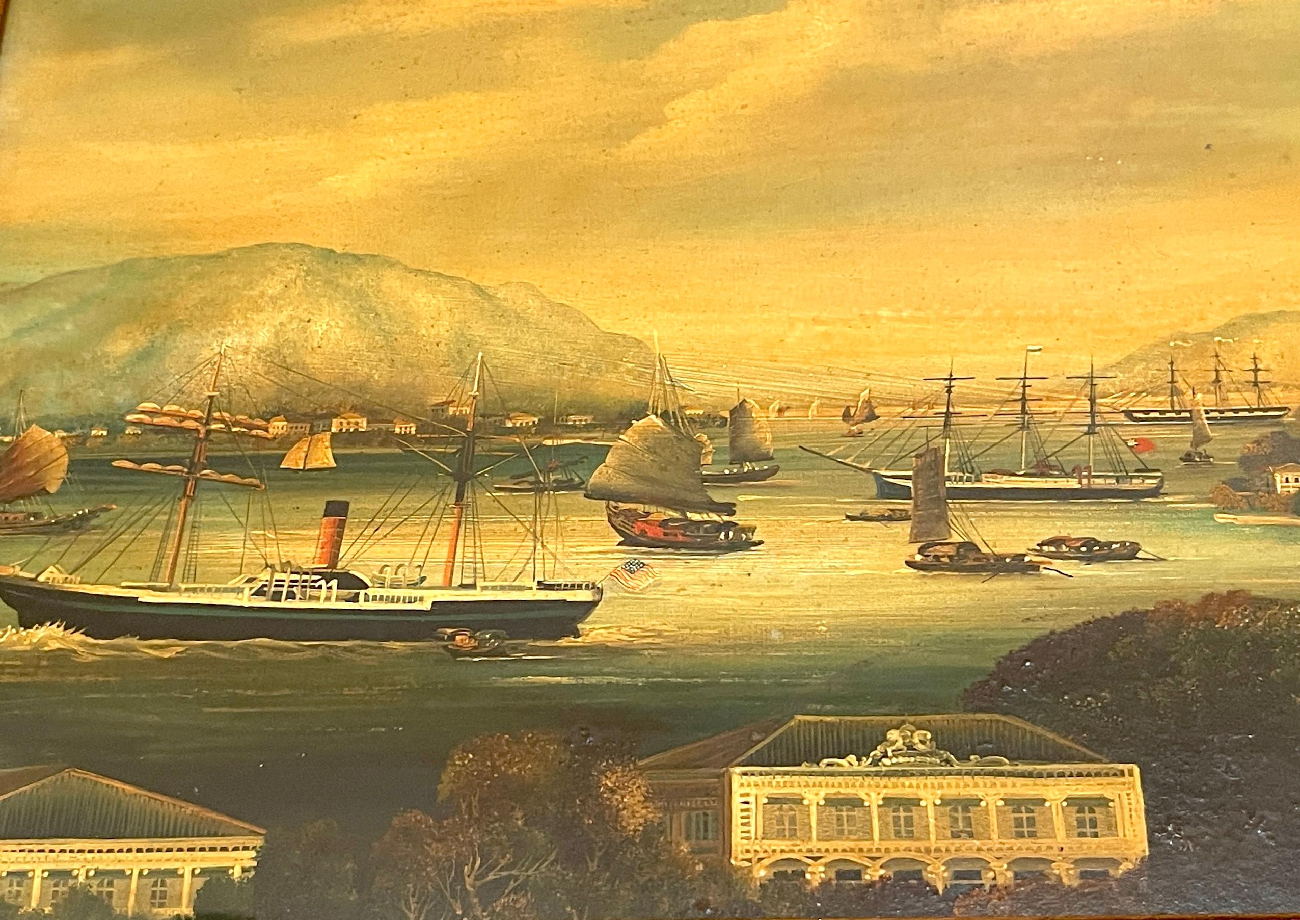 Satz von vier chinesischen Exportgemälden des 19. Jahrhunderts mit Hafen- und Seelandschaft   im Angebot 1