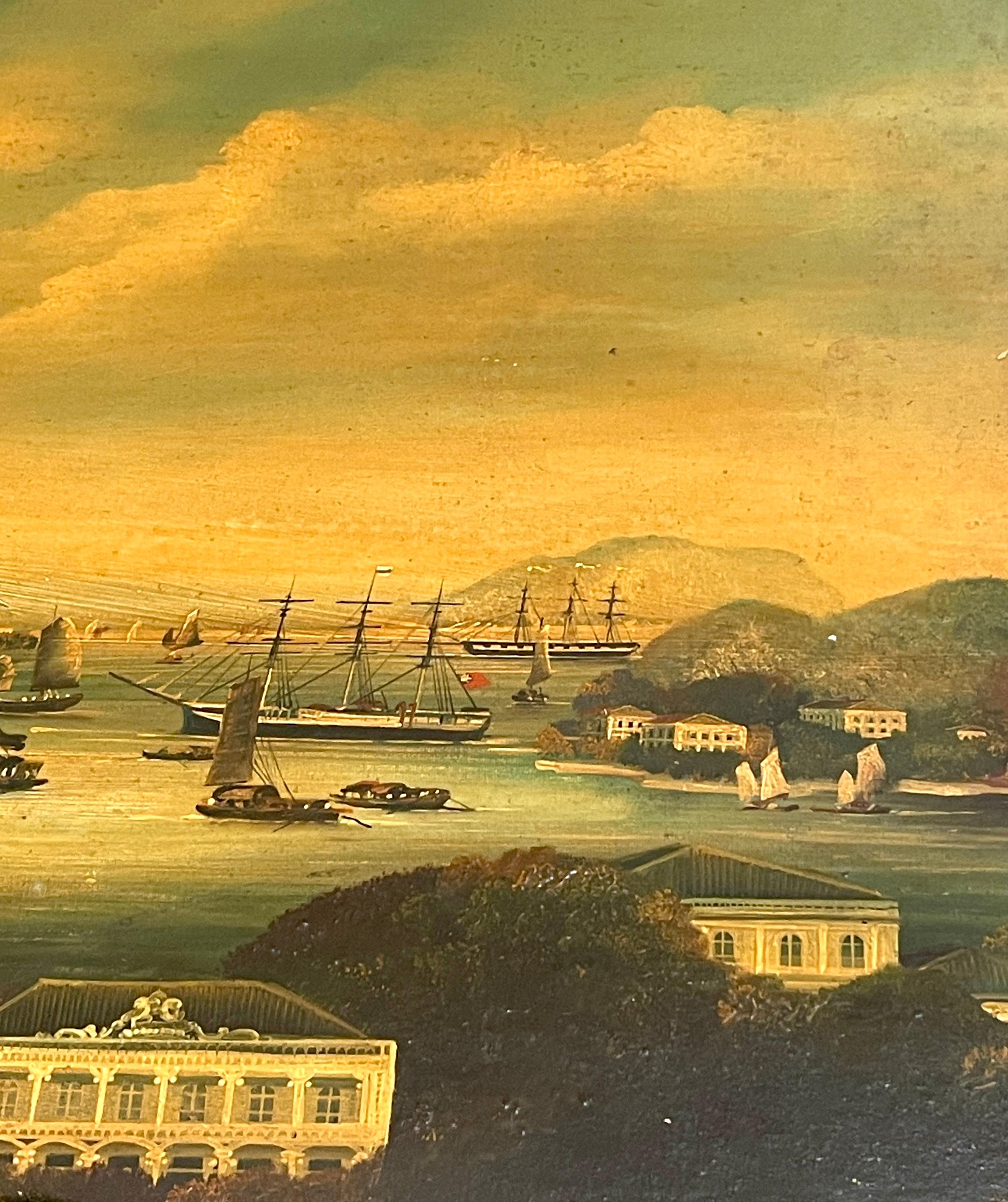 Satz von vier chinesischen Exportgemälden des 19. Jahrhunderts mit Hafen- und Seelandschaft   im Angebot 2