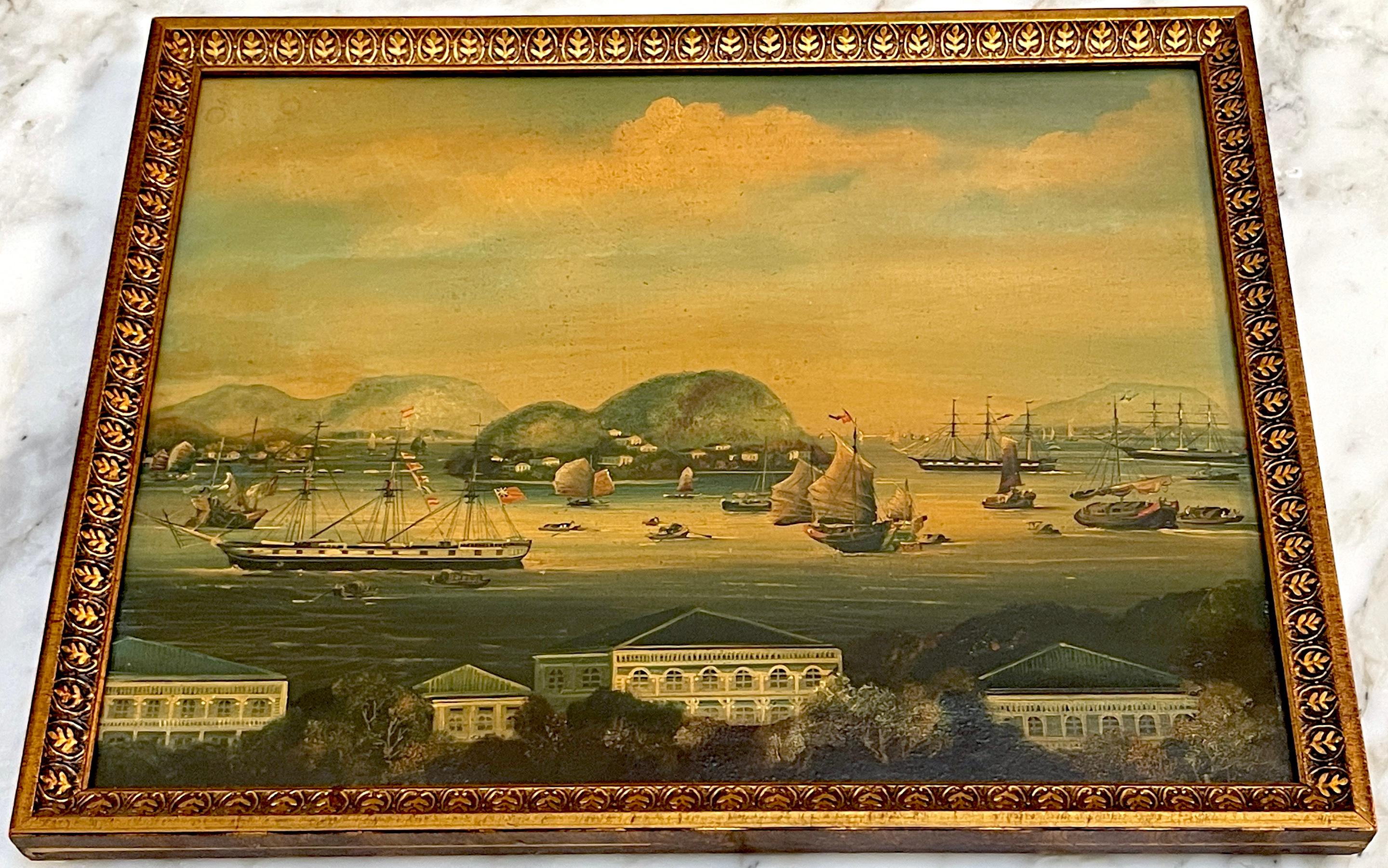 Set of Four 19th Century Chinese Export Harbor / Seascape Paintings   For Sale 4