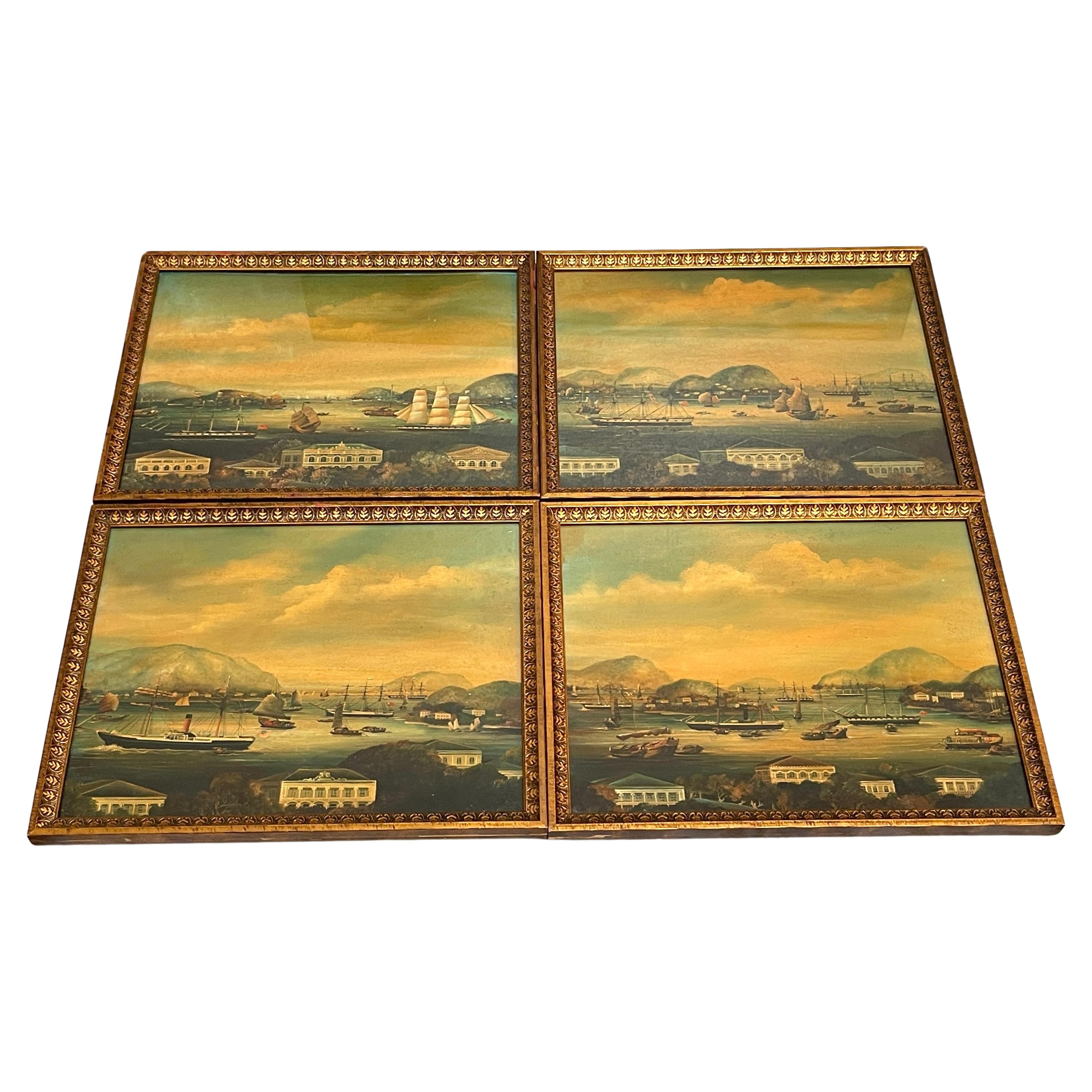 Set of Four 19th Century Chinese Export Harbor / Seascape Paintings   For Sale