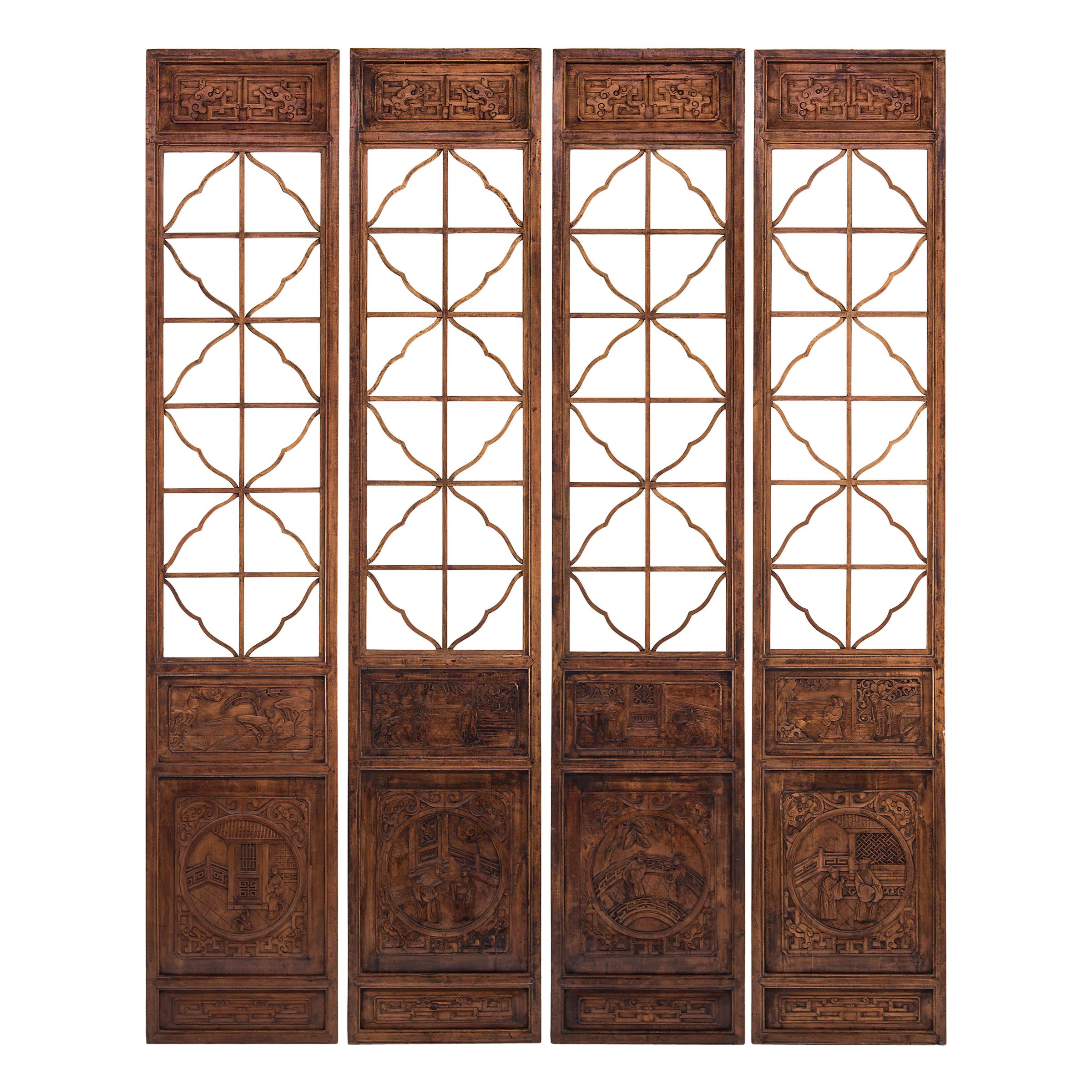 Set of Four 19th Century Chinese Lattice Scholars Panels