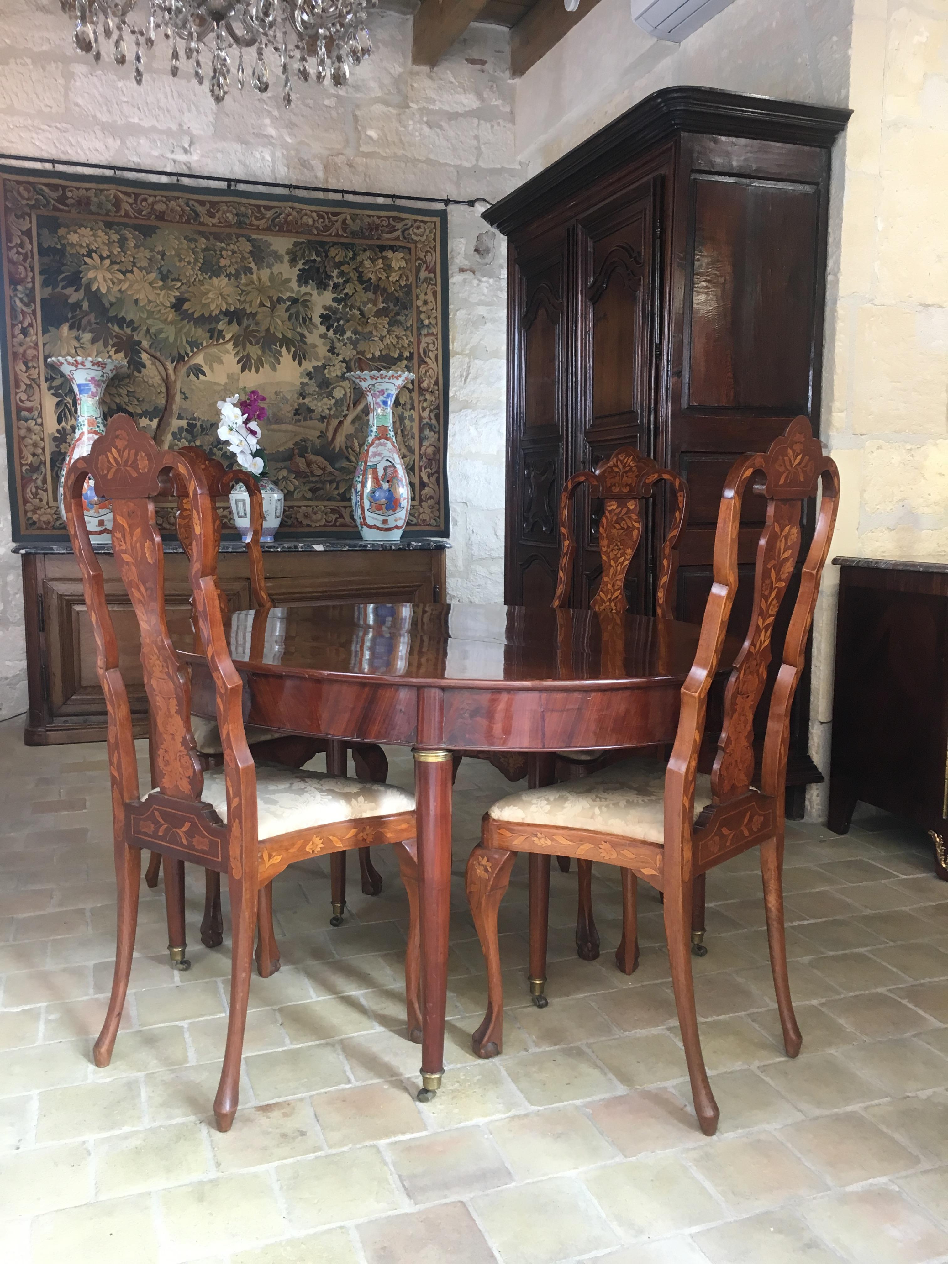 Queen Anne Set of Four 19th Century Dutch Marquetry Dining Chairs