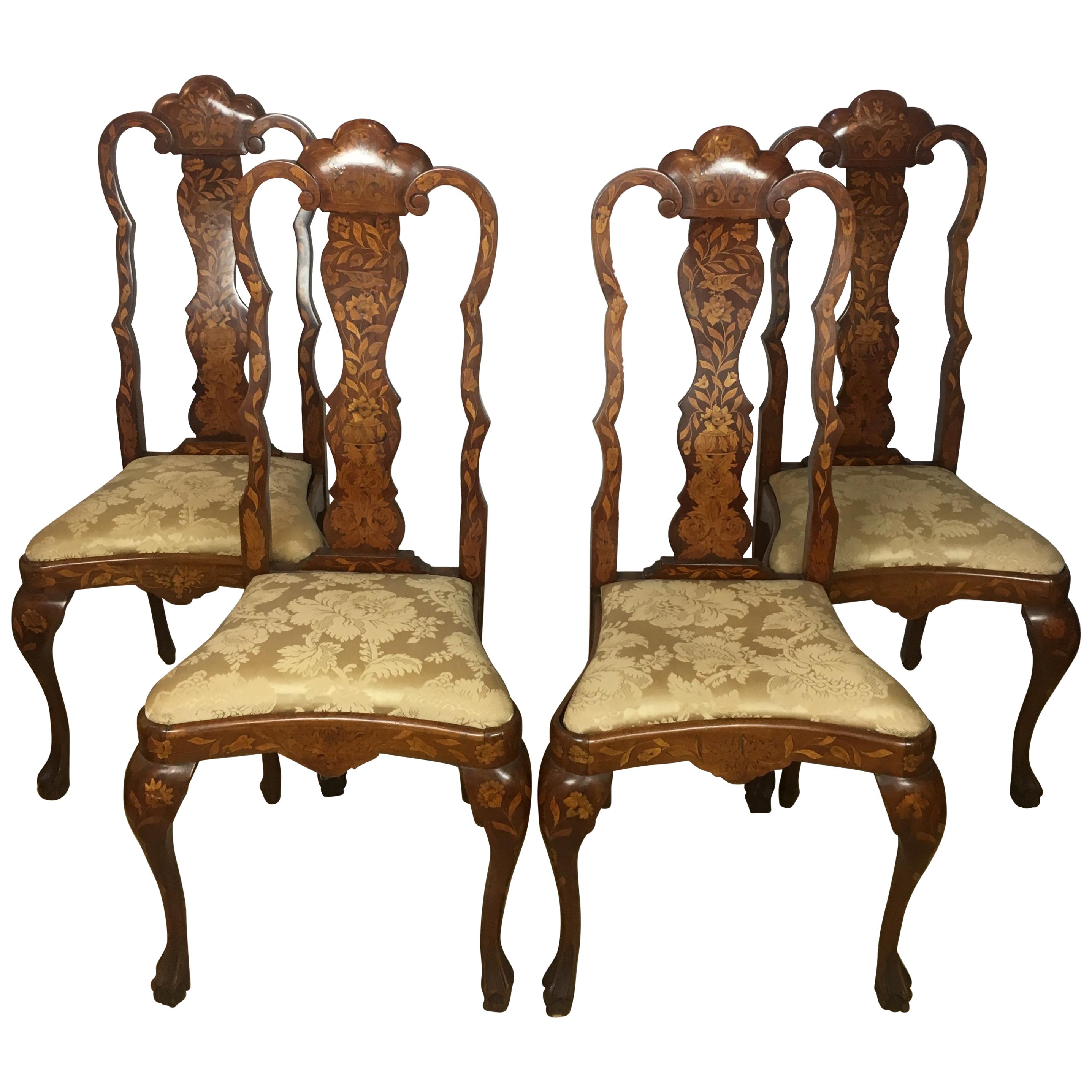Set of Four 19th Century Dutch Marquetry Dining Chairs