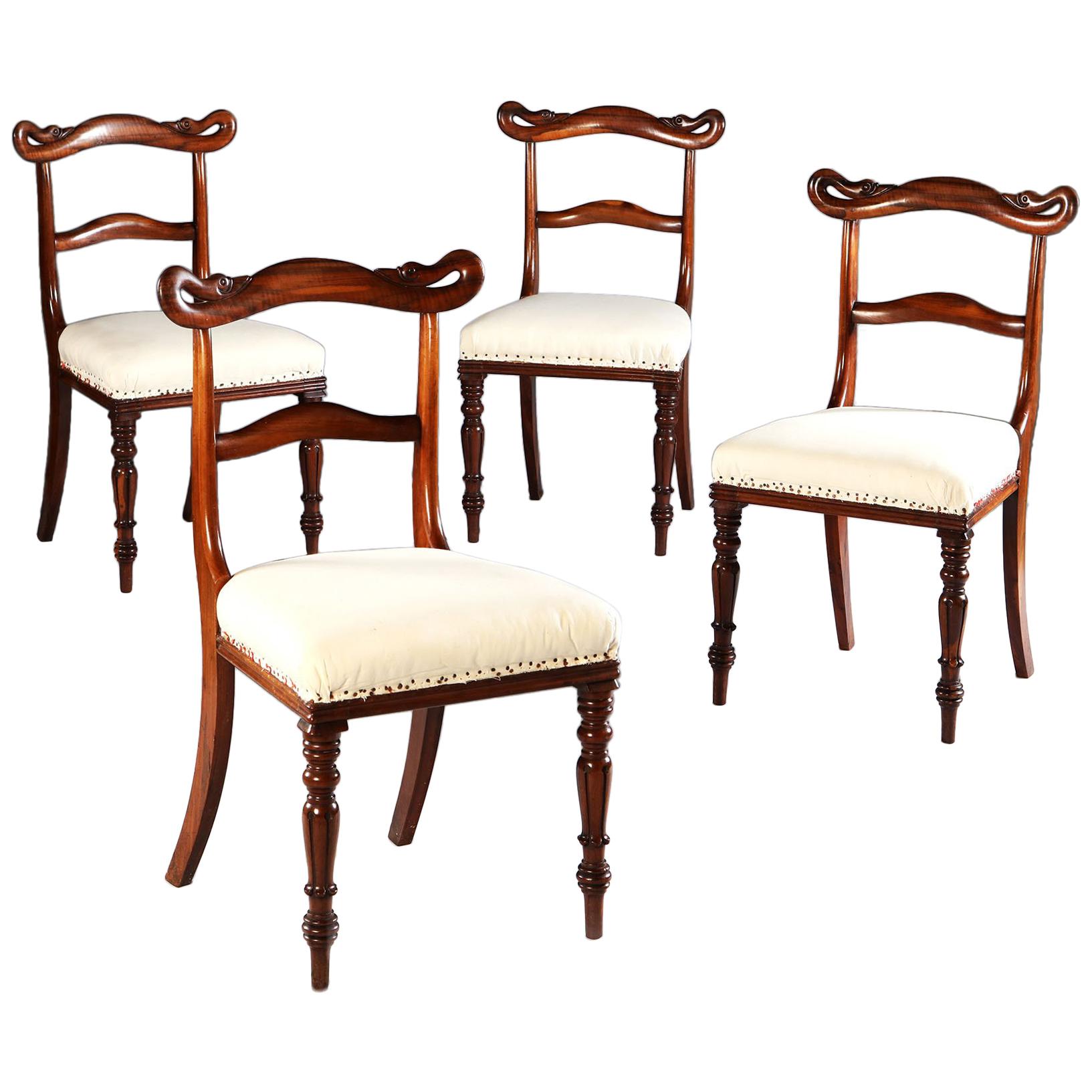 Set of Four 19th Century English Goncalo Alves Wooden Side Chairs with Swan Back