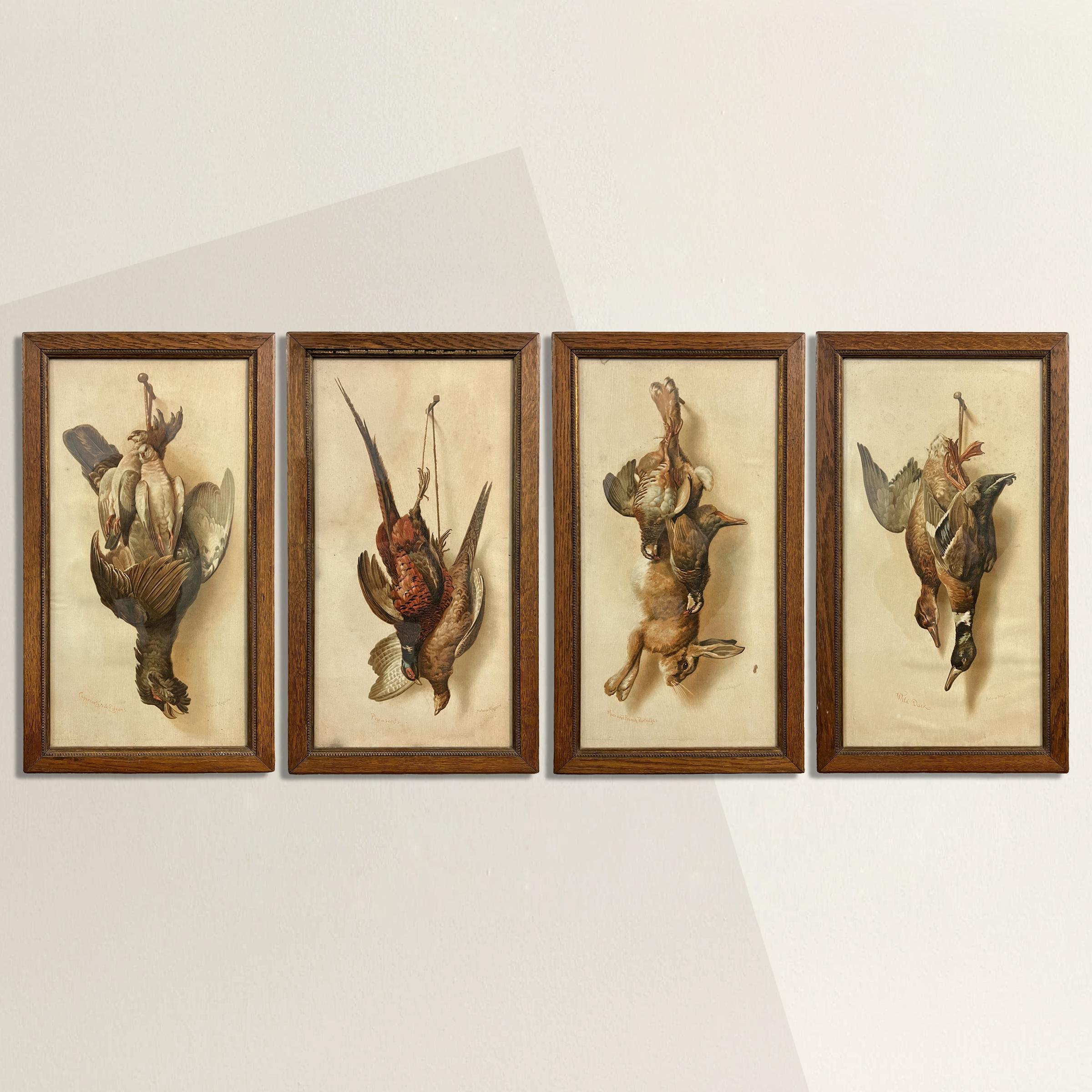 A timeless set of four 19th-century English framed lithographs by Raphael Tuck & Sons, and designed by the esteemed artist Helena Maguire. Renowned for inventing the post card industry as we know it, Maguire's meticulous attention to detail breathes