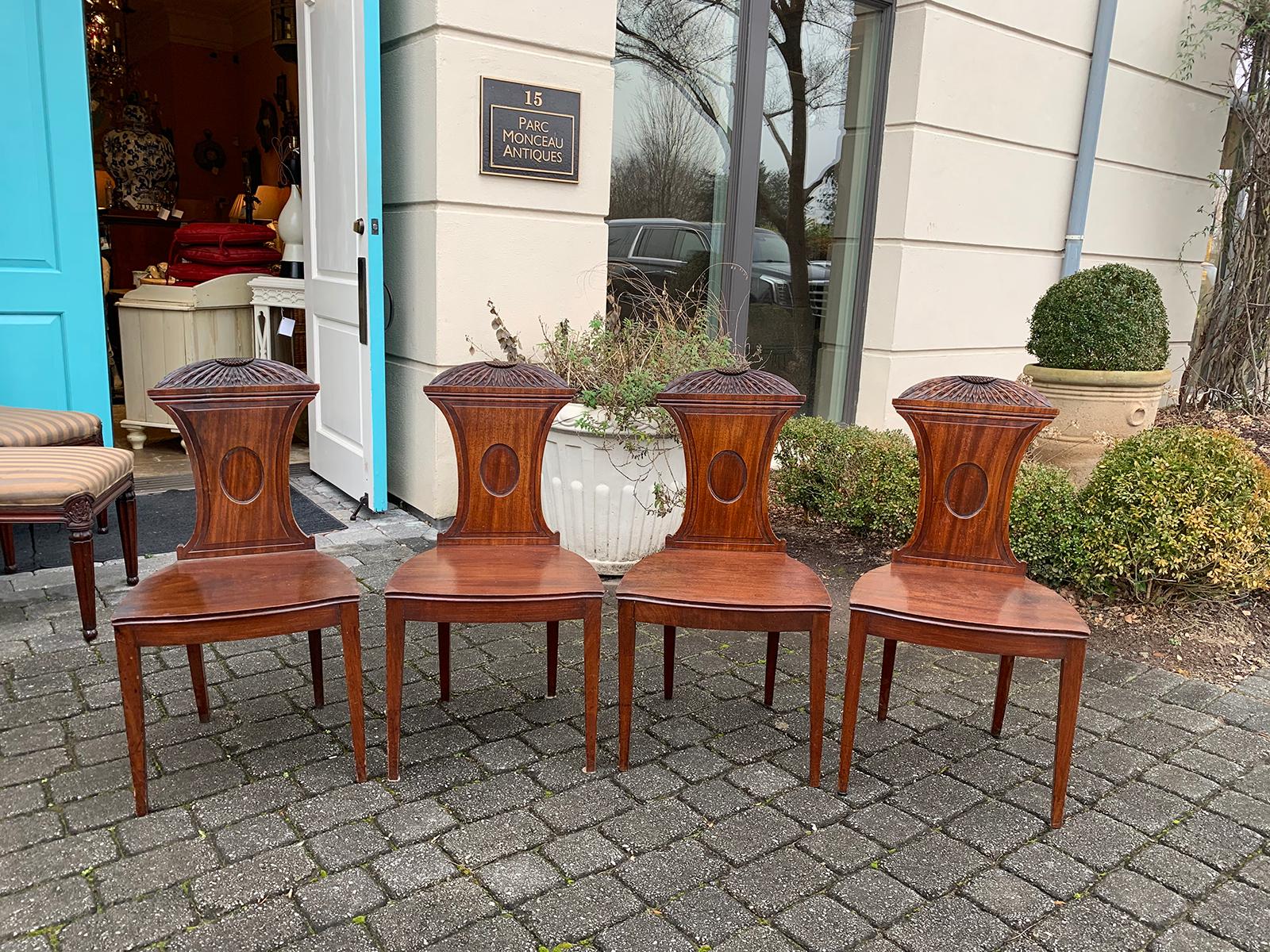 Carved Set of Four 19th Century English Mahogany Hall Chairs, Chrysanthemum Carving