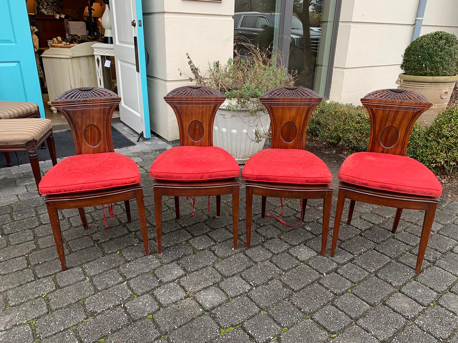 Set of Four 19th Century English Mahogany Hall Chairs, Chrysanthemum Carving In Good Condition In Atlanta, GA