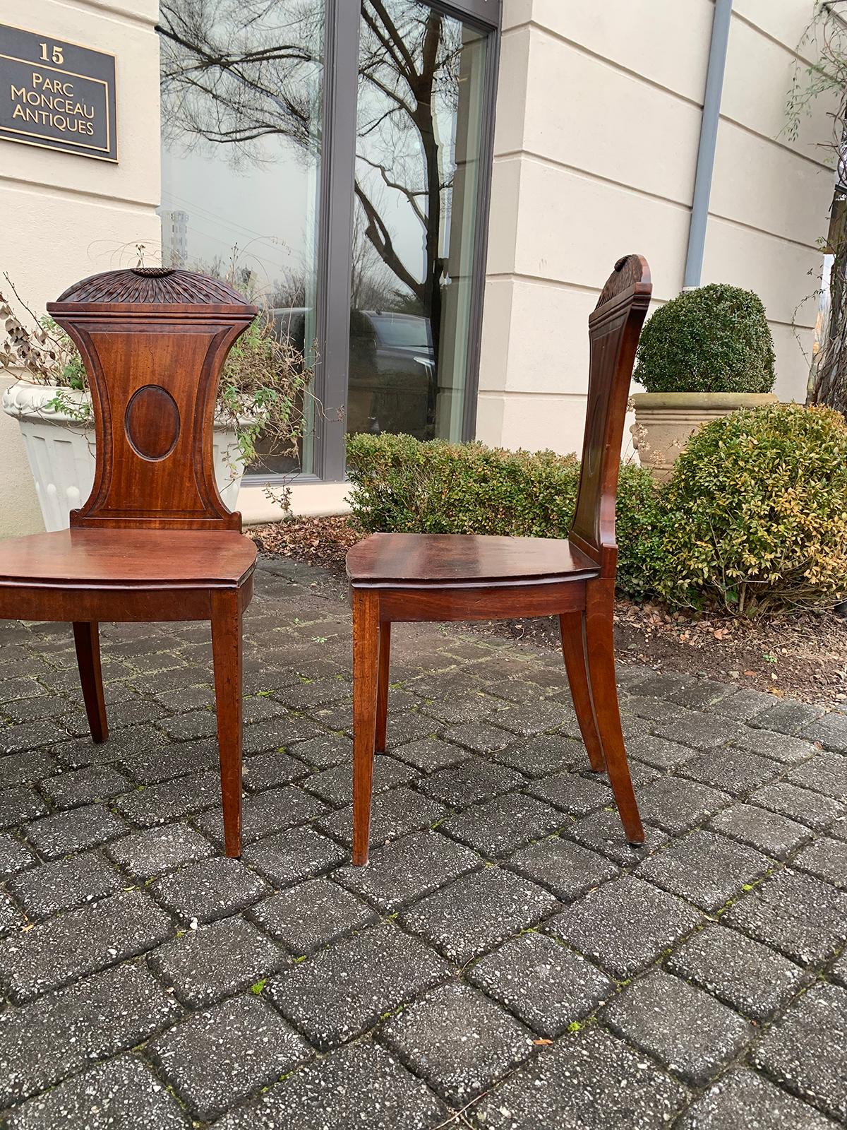 Wood Set of Four 19th Century English Mahogany Hall Chairs, Chrysanthemum Carving