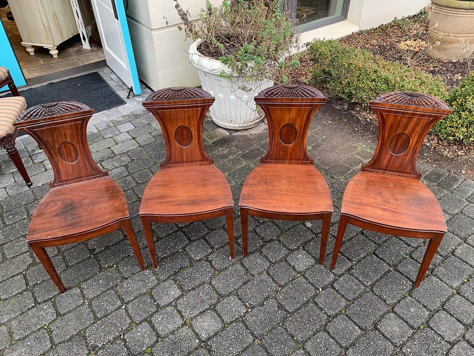 Set of Four 19th Century English Mahogany Hall Chairs, Chrysanthemum Carving 1
