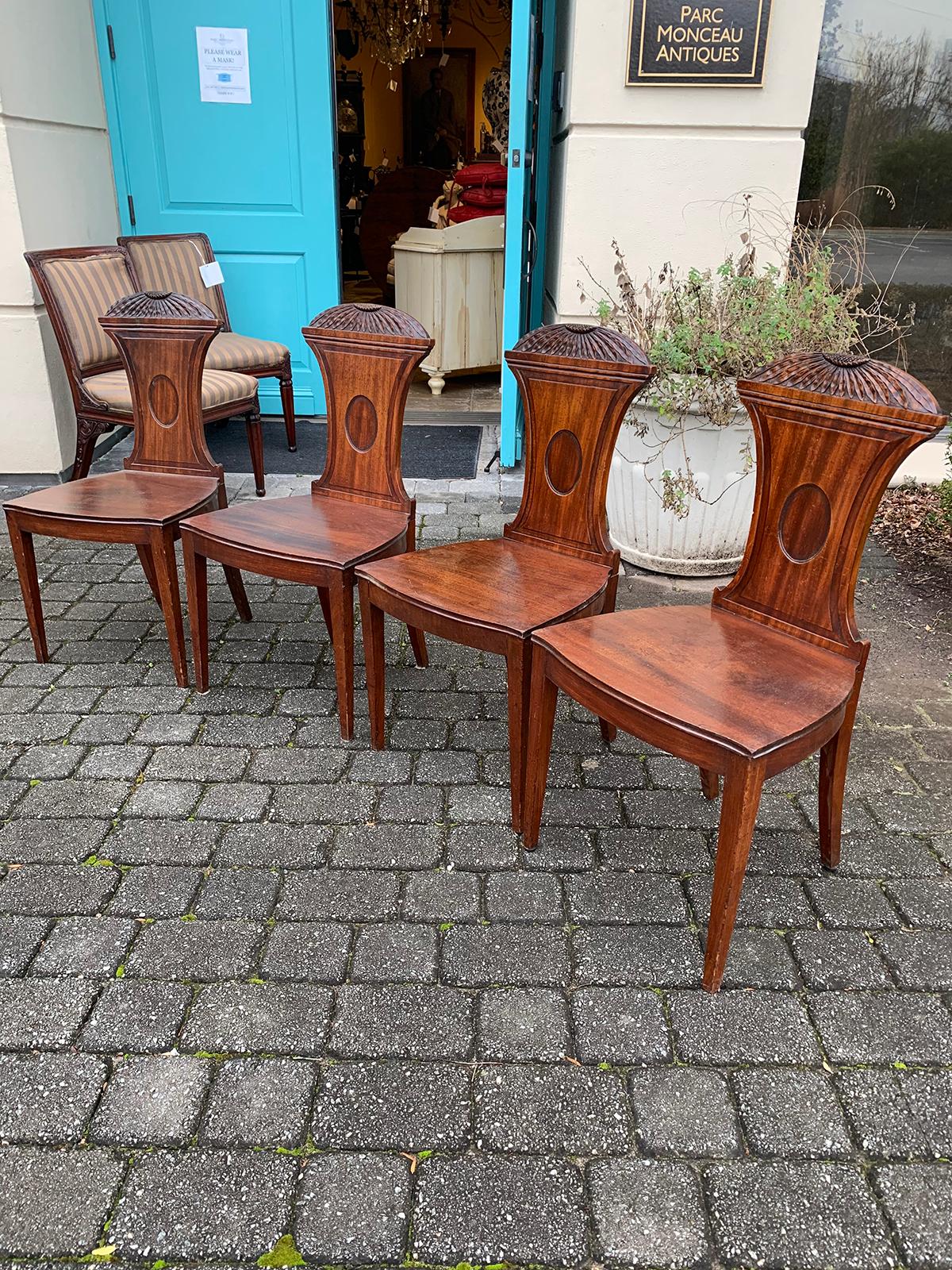 Set of Four 19th Century English Mahogany Hall Chairs, Chrysanthemum Carving 2