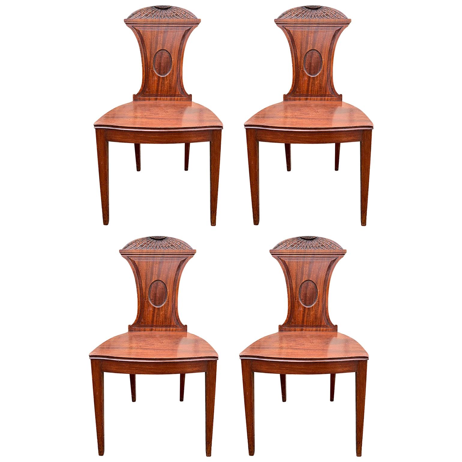 Set of Four 19th Century English Mahogany Hall Chairs, Chrysanthemum Carving