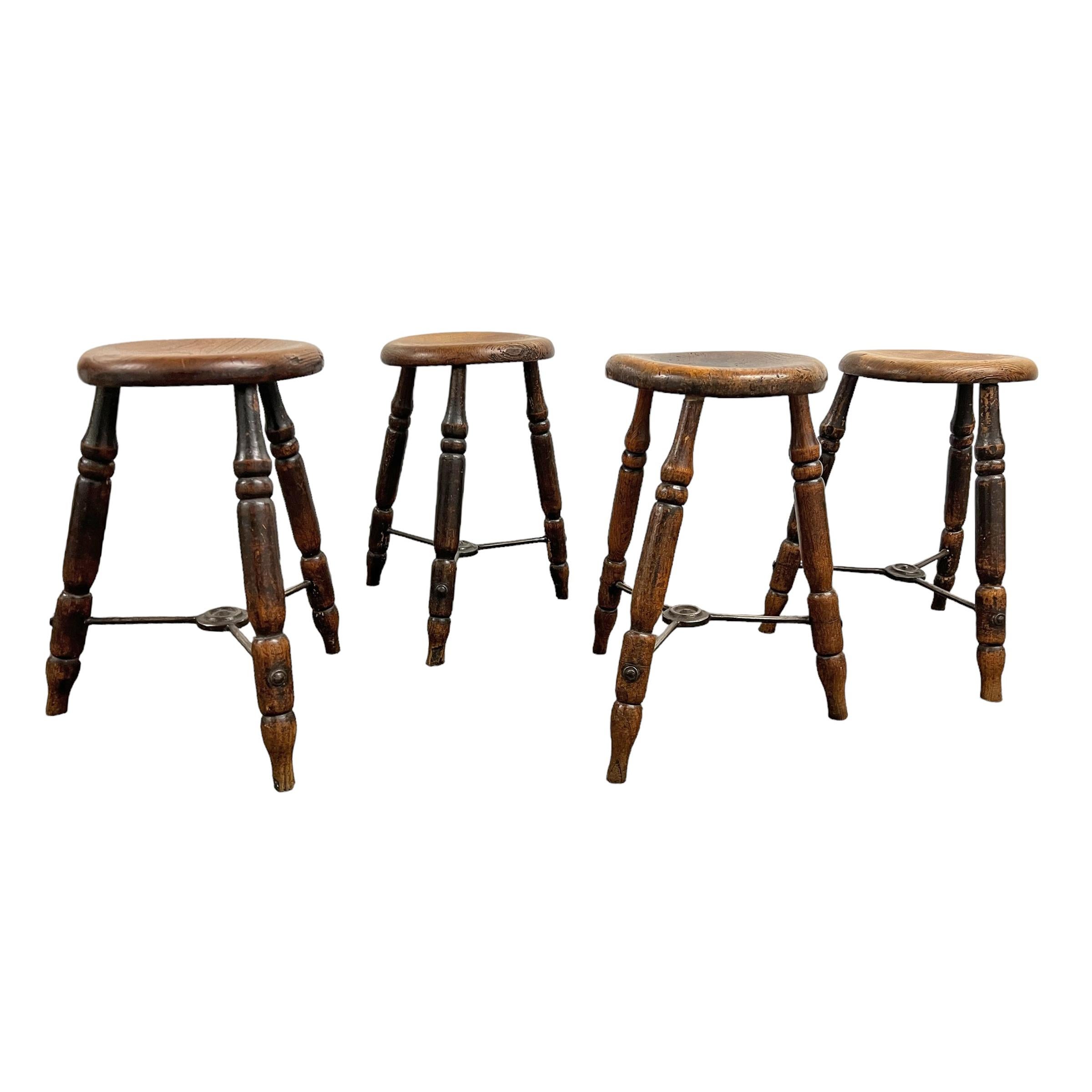 Rustic Set of Four 19th Century English Pub Stools For Sale