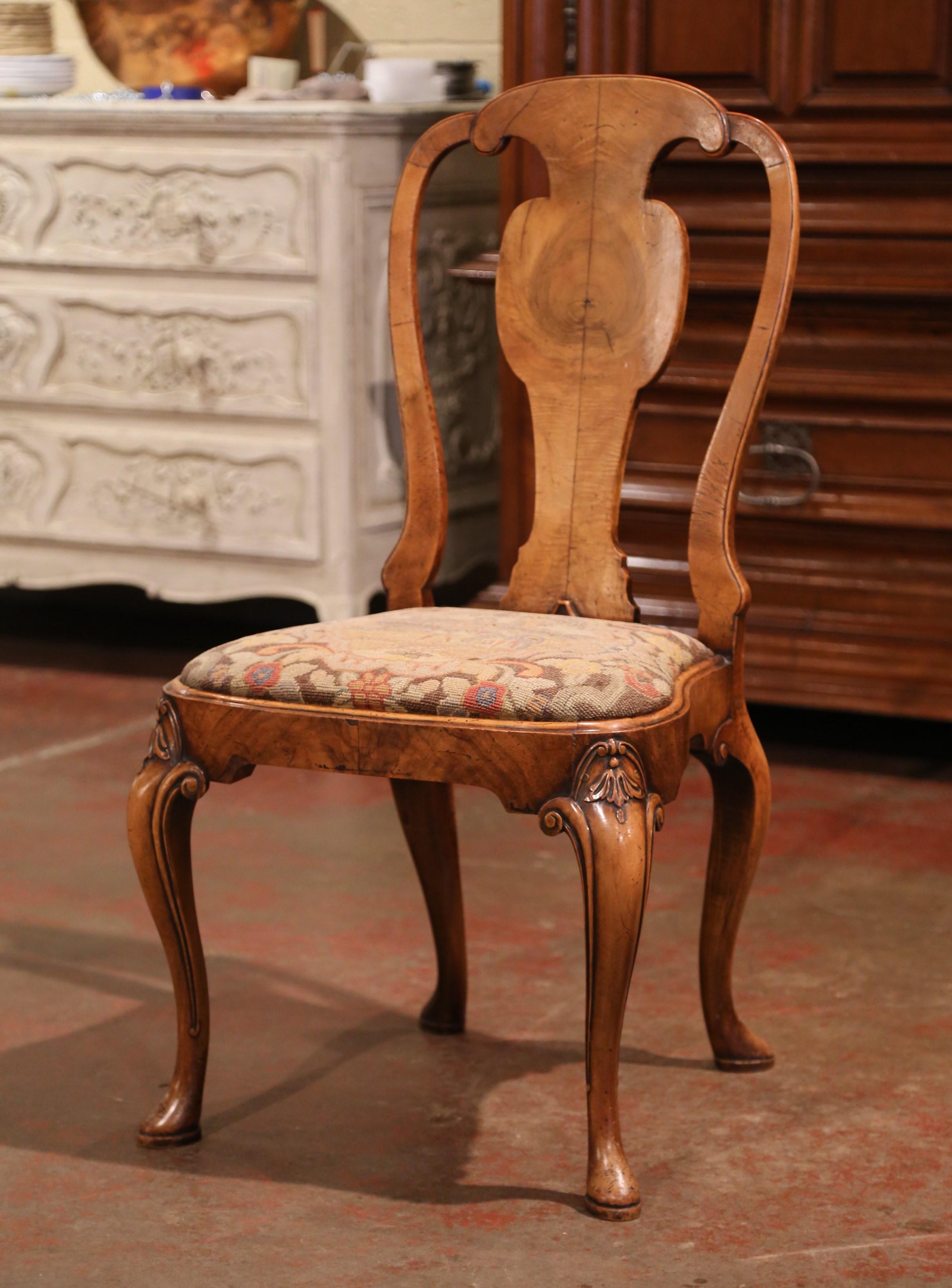 Queen Anne Set of Four 19th Century English Queen Ann Carved Elm and Needlepoint Sidechairs