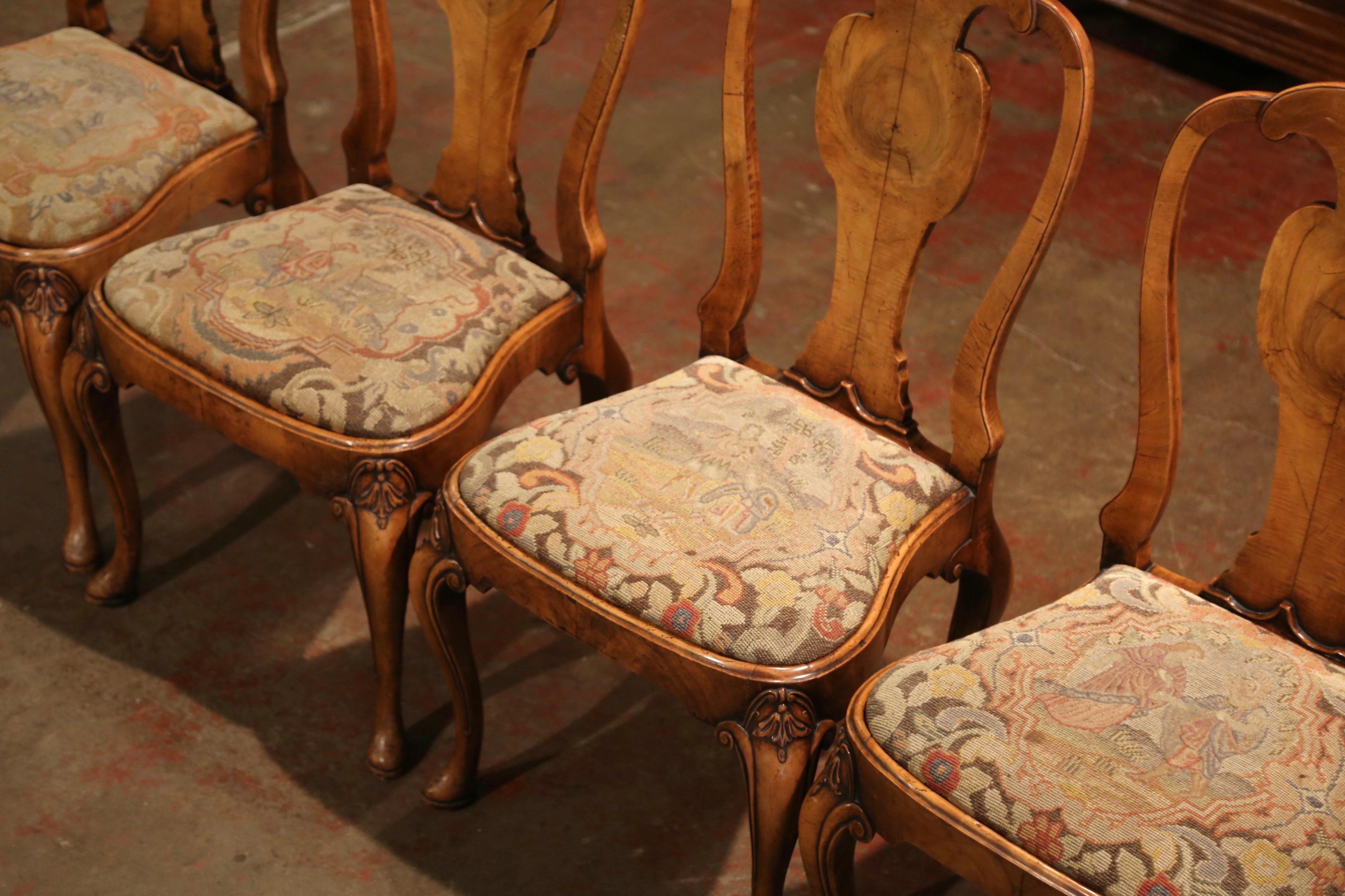 Patinated Set of Four 19th Century English Queen Ann Carved Elm and Needlepoint Sidechairs