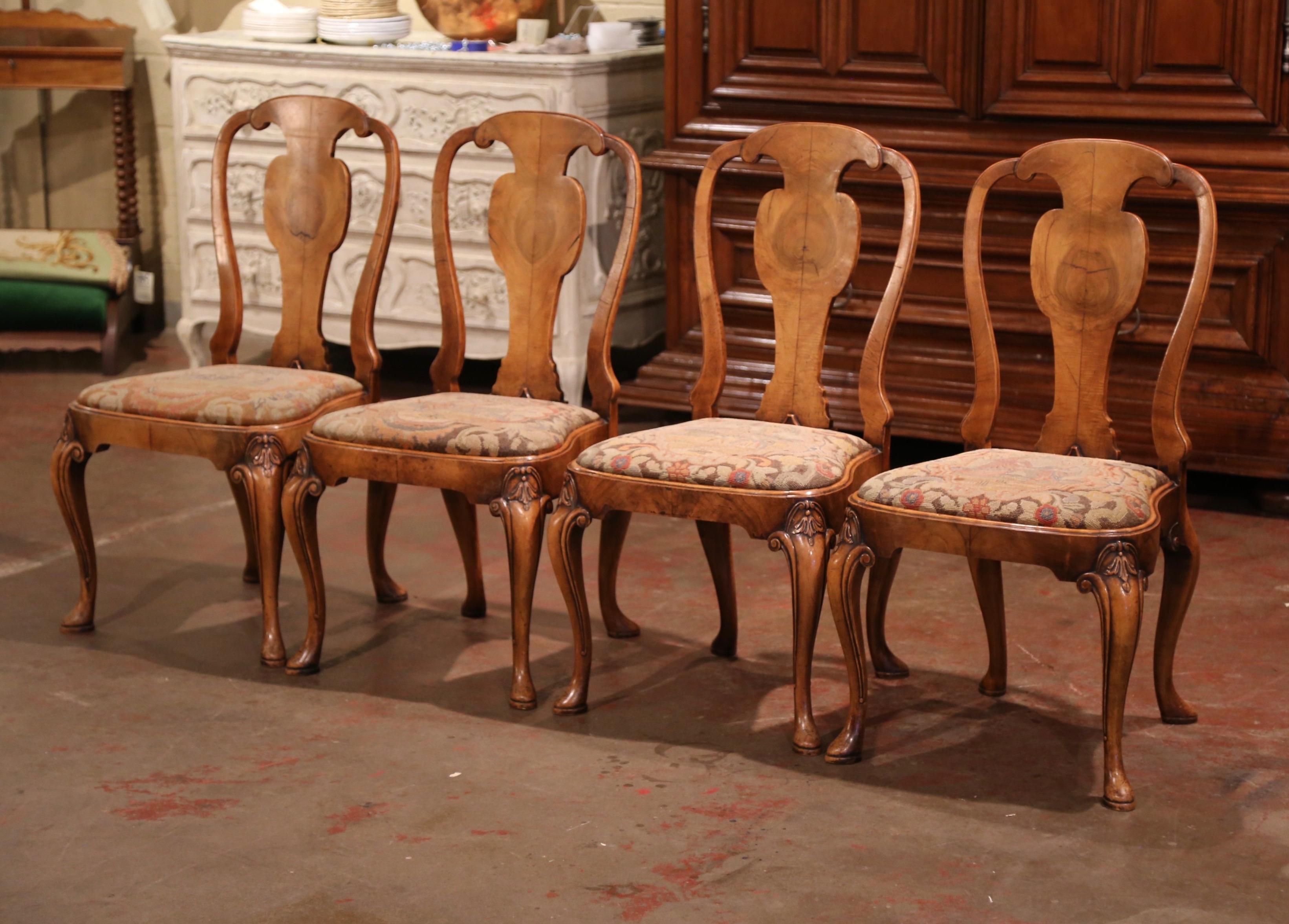 Set of Four 19th Century English Queen Ann Carved Elm and Needlepoint Sidechairs In Excellent Condition In Dallas, TX