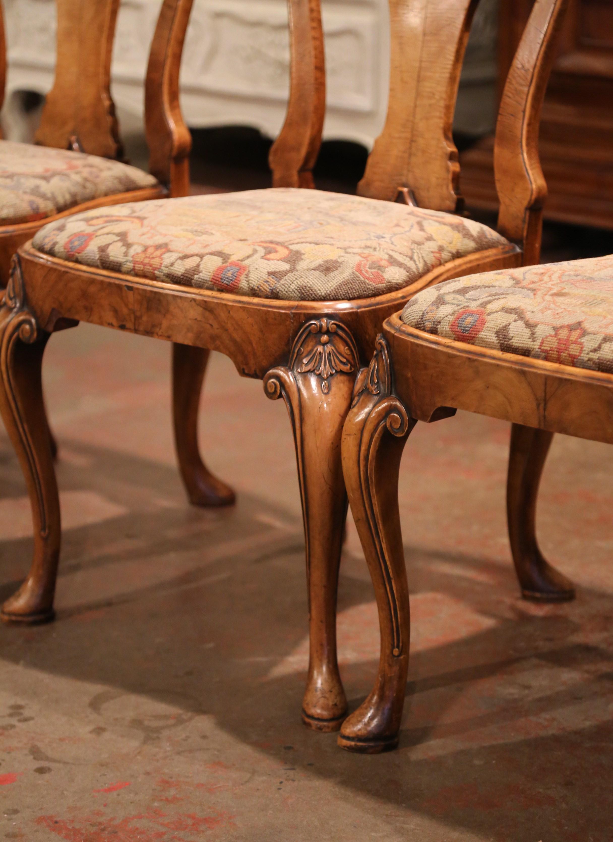 Set of Four 19th Century English Queen Ann Carved Elm and Needlepoint Sidechairs 1