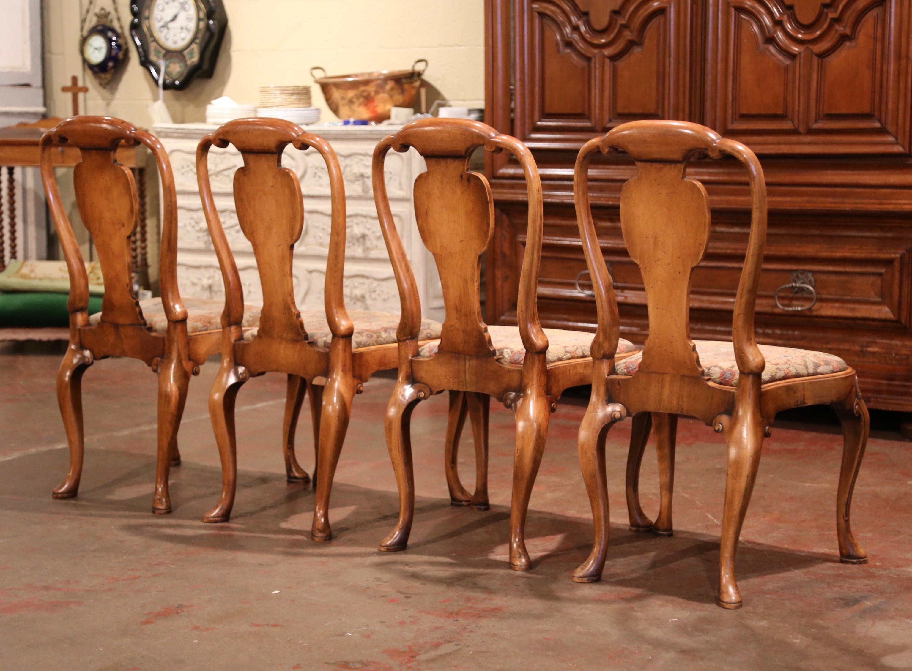 Set of Four 19th Century English Queen Ann Carved Elm and Needlepoint Sidechairs 2