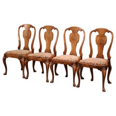 Used Set of Four 19th Century English Queen Ann Carved Elm and Needlepoint Sidechairs