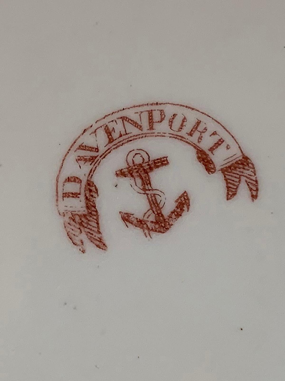 Set of four 19th century circa 1815-1830 English Staffordshire Davenport round porcelain plates with gilt details, printed Anchor Mark.