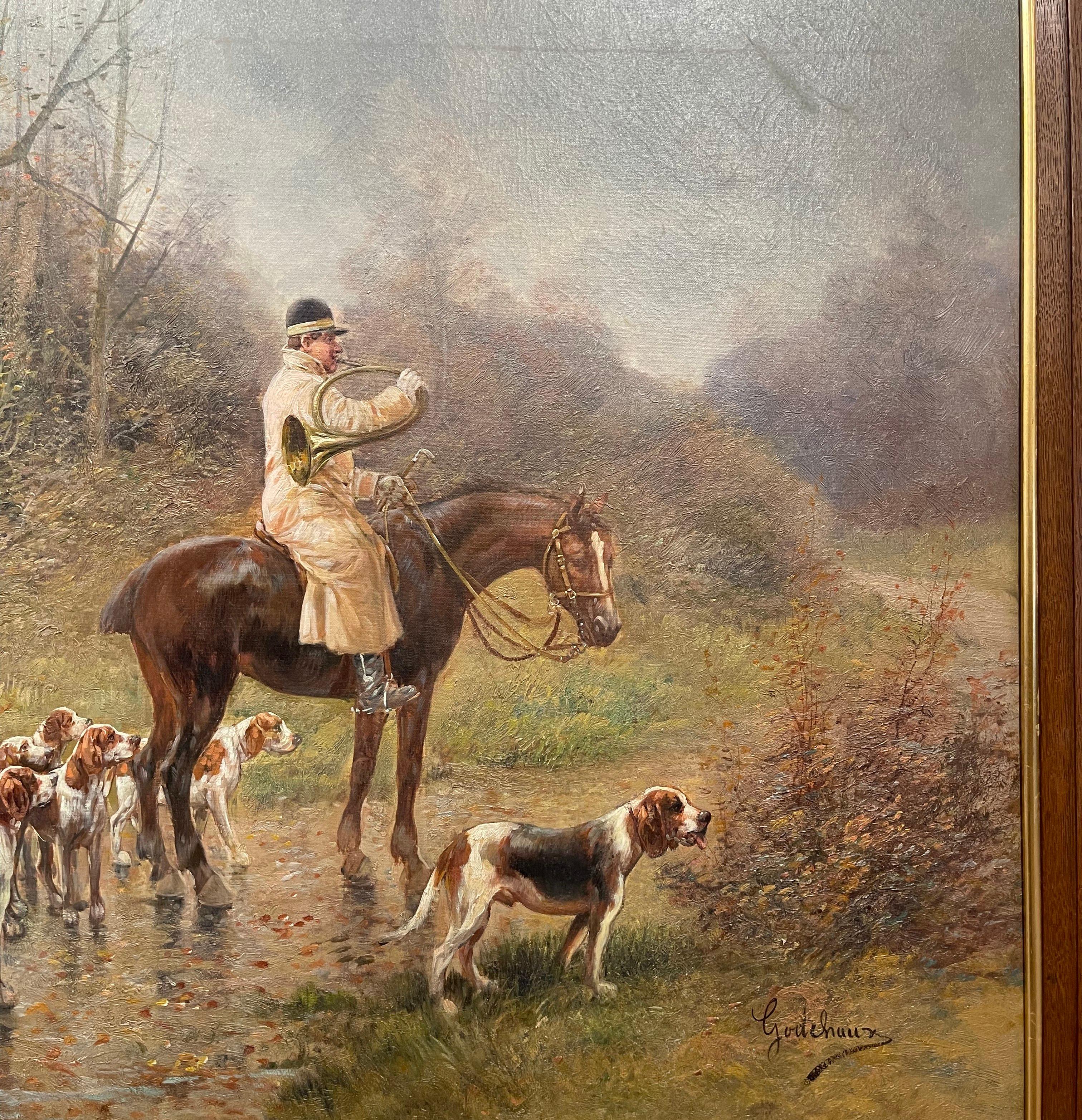 Ensemble de quatre peintures de chasse encadrées sur toile du 19ème siècle signées E. Godchaux en vente 1
