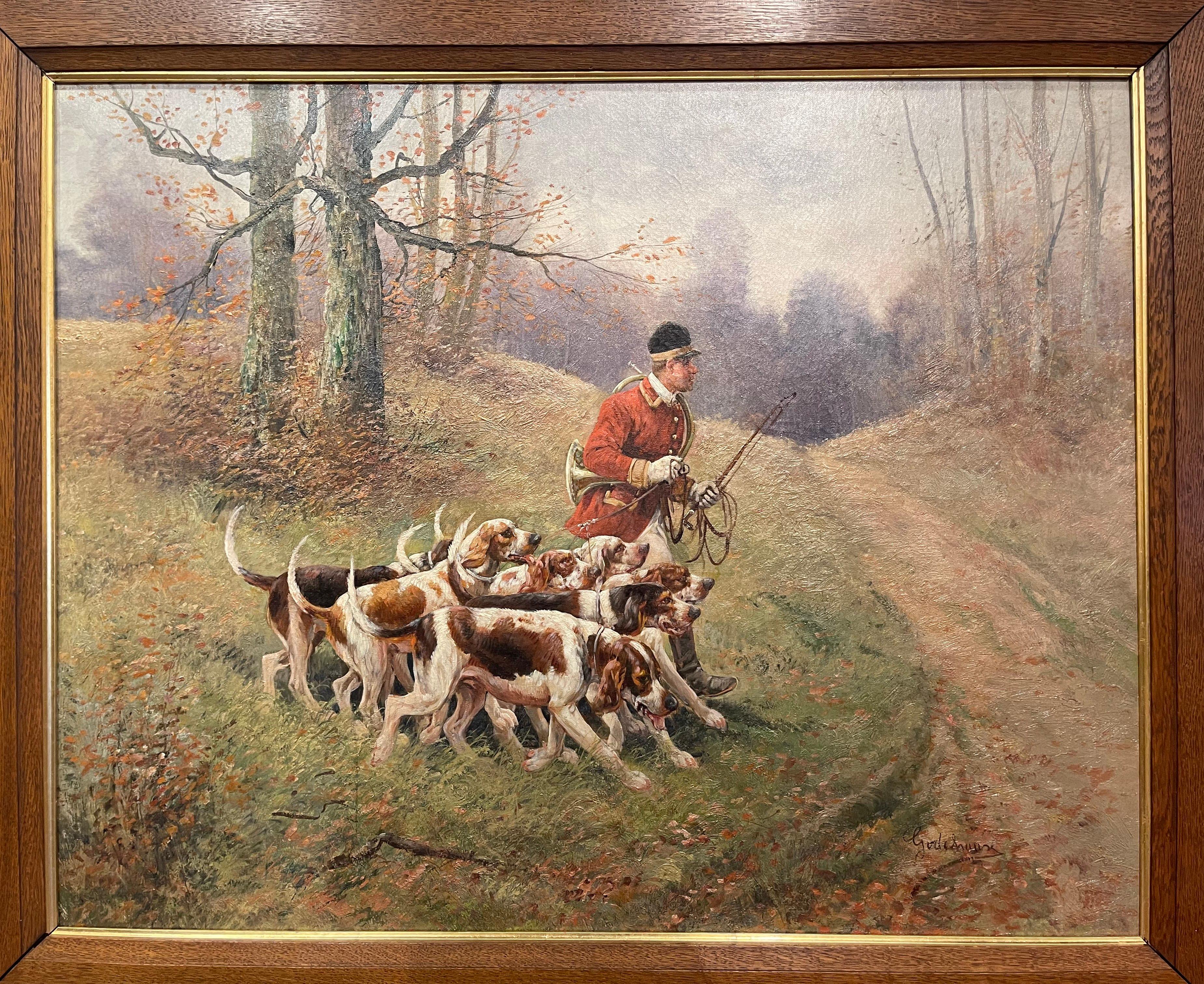 Ensemble de quatre peintures de chasse encadrées sur toile du 19ème siècle signées E. Godchaux en vente 4