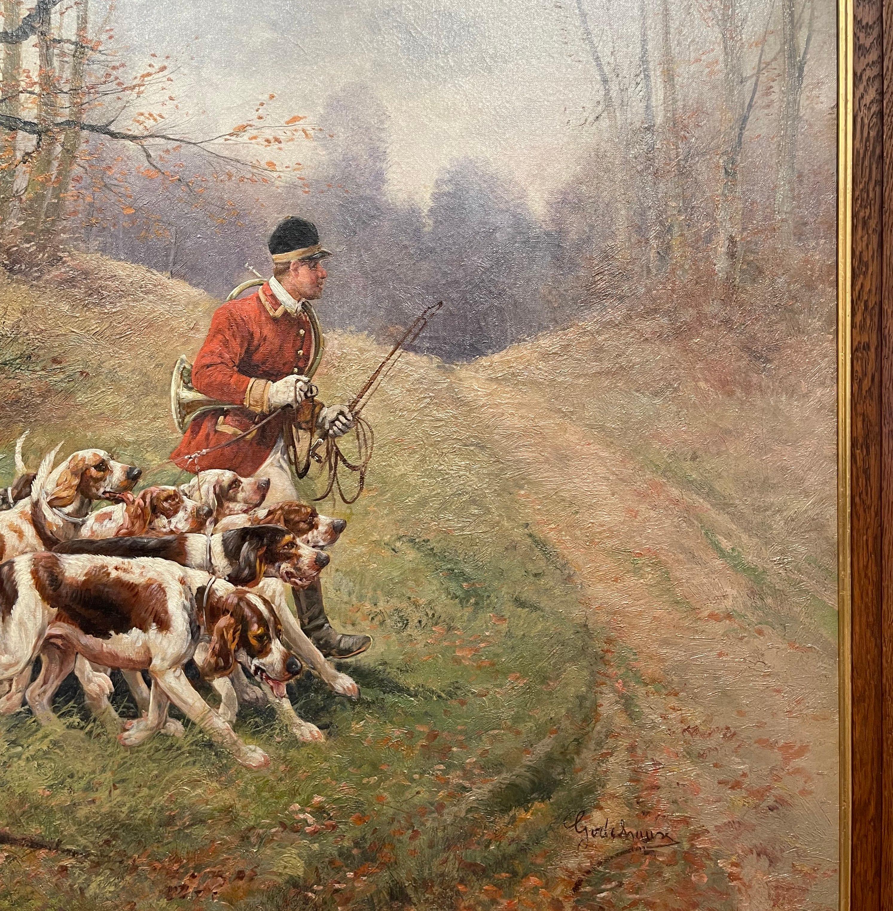 Set of Four 19th Century Framed Oil on Canvas Hunt Paintings Signed E. Godchaux For Sale 7