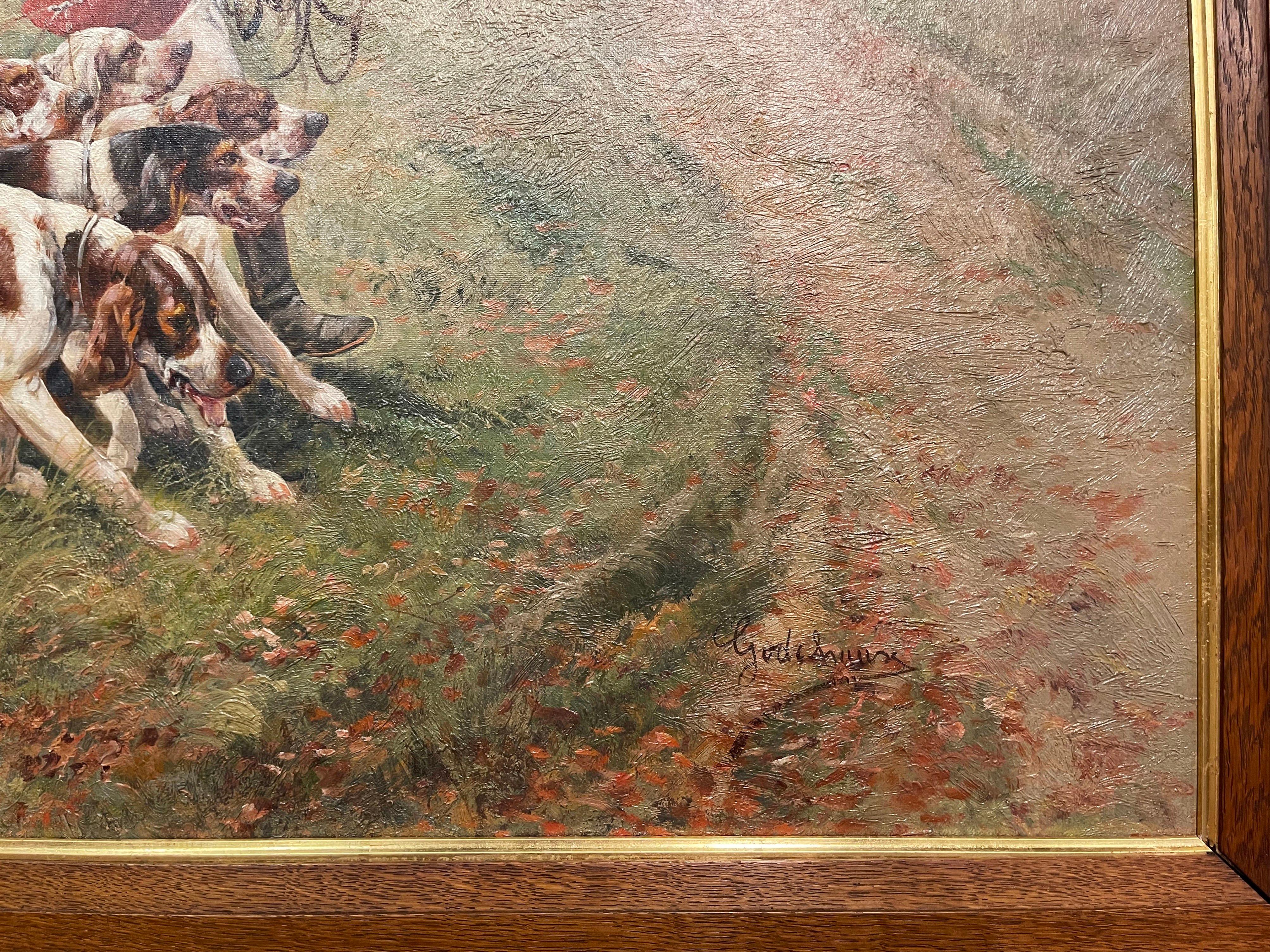 Ensemble de quatre peintures de chasse encadrées sur toile du 19ème siècle signées E. Godchaux en vente 6