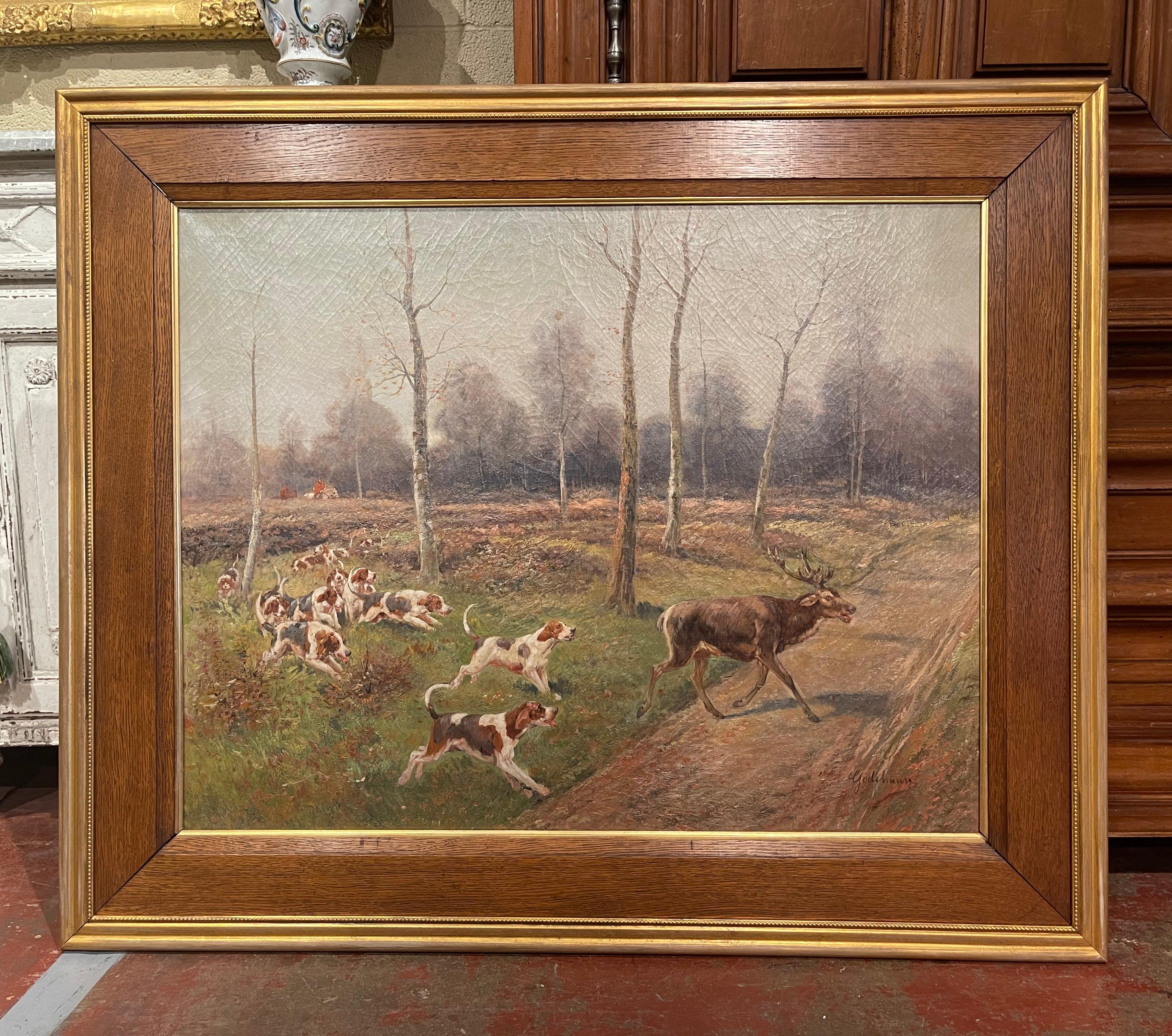 Ensemble de quatre peintures de chasse encadrées sur toile du 19ème siècle signées E. Godchaux en vente 7