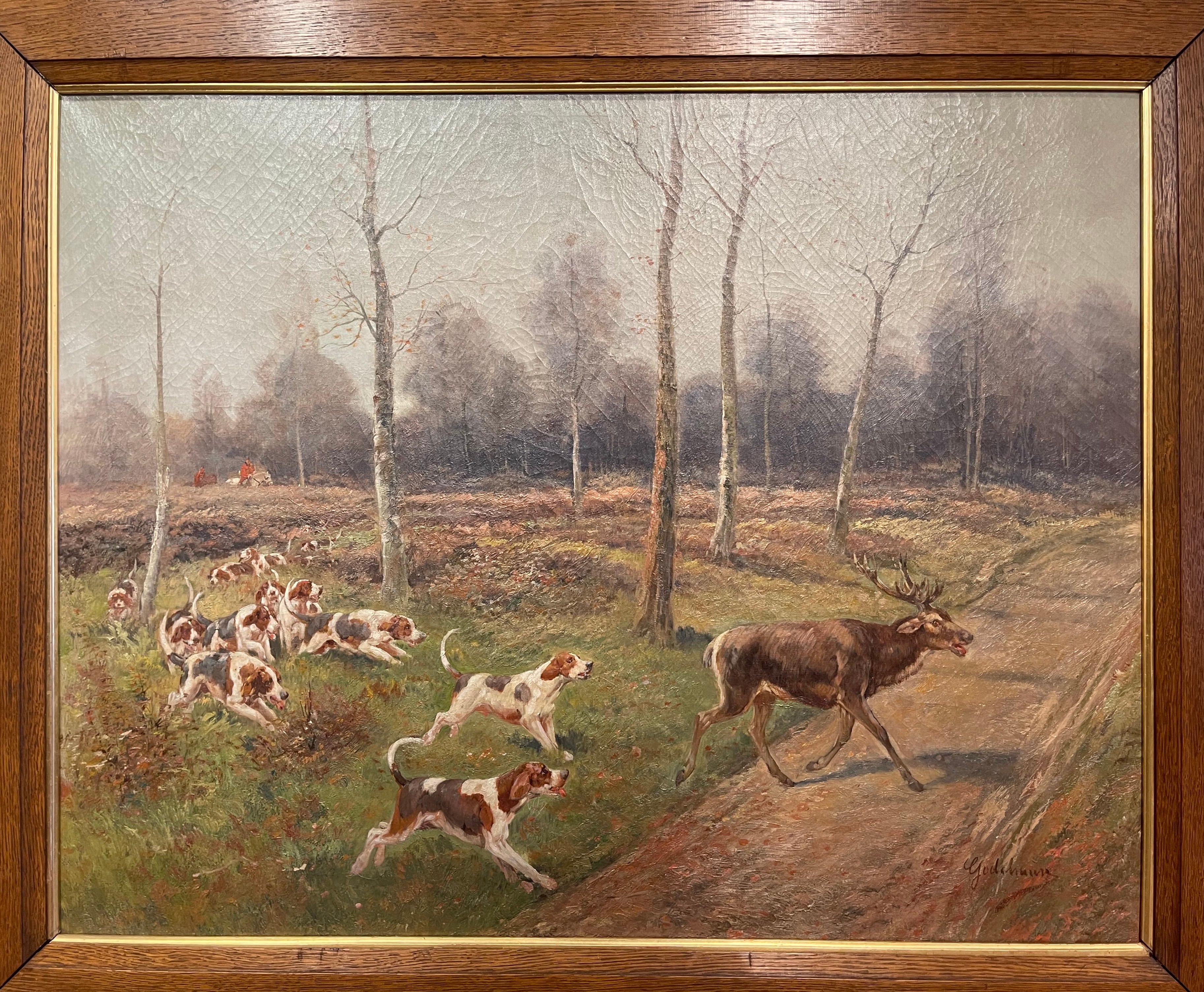 Ensemble de quatre peintures de chasse encadrées sur toile du 19ème siècle signées E. Godchaux en vente 8