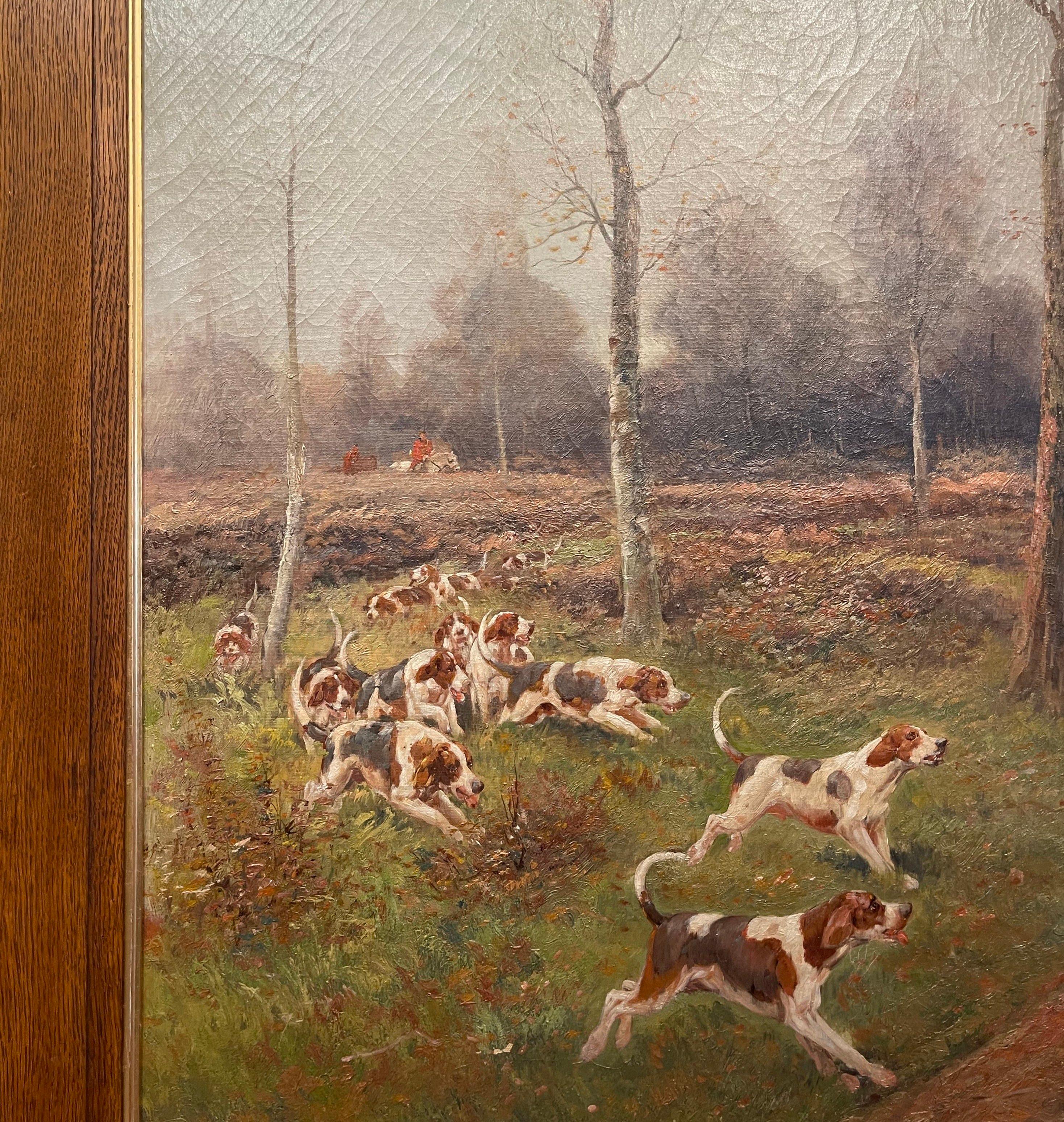 Set of Four 19th Century Framed Oil on Canvas Hunt Paintings Signed E. Godchaux For Sale 11