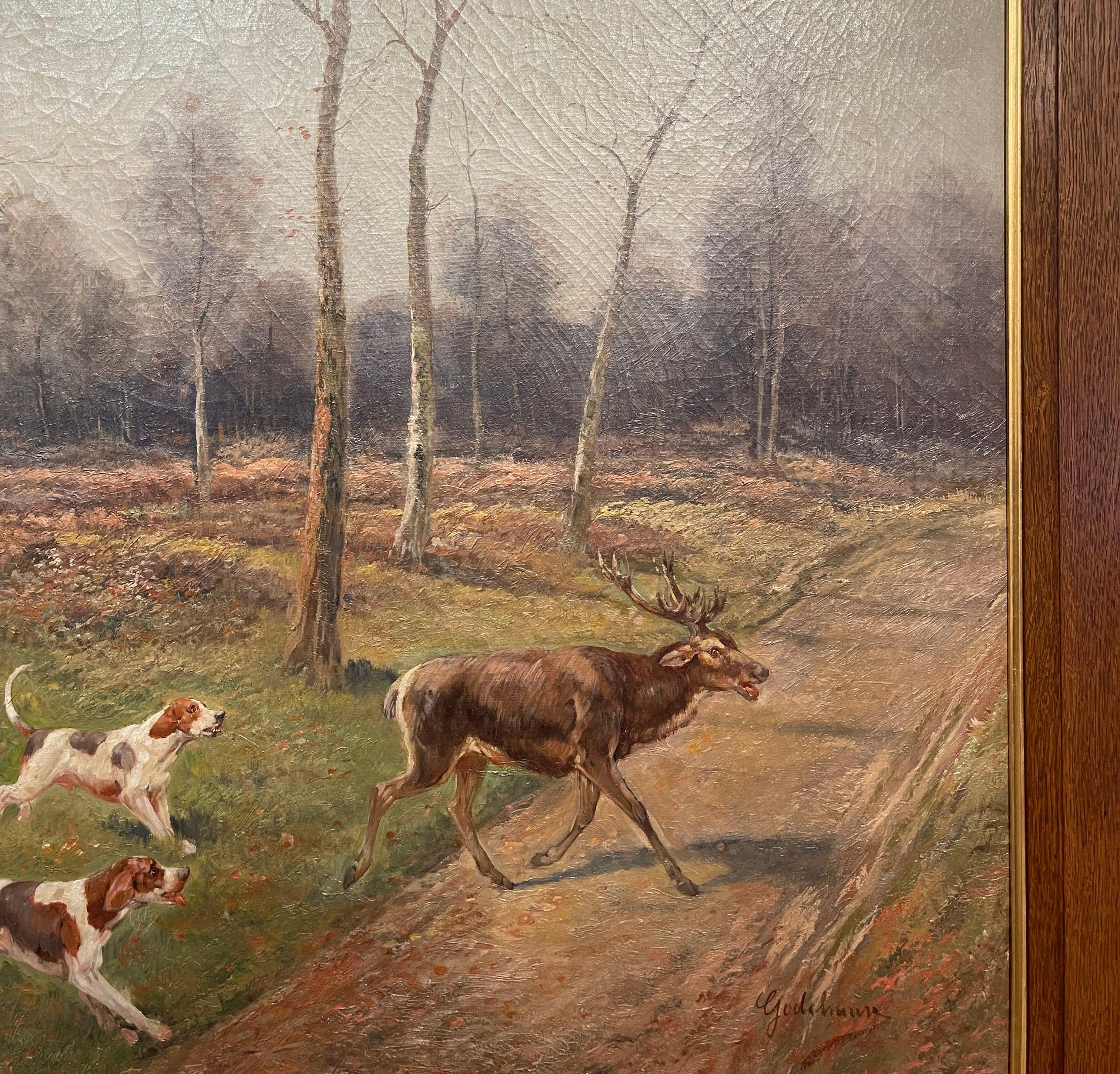 Ensemble de quatre peintures de chasse encadrées sur toile du 19ème siècle signées E. Godchaux en vente 10