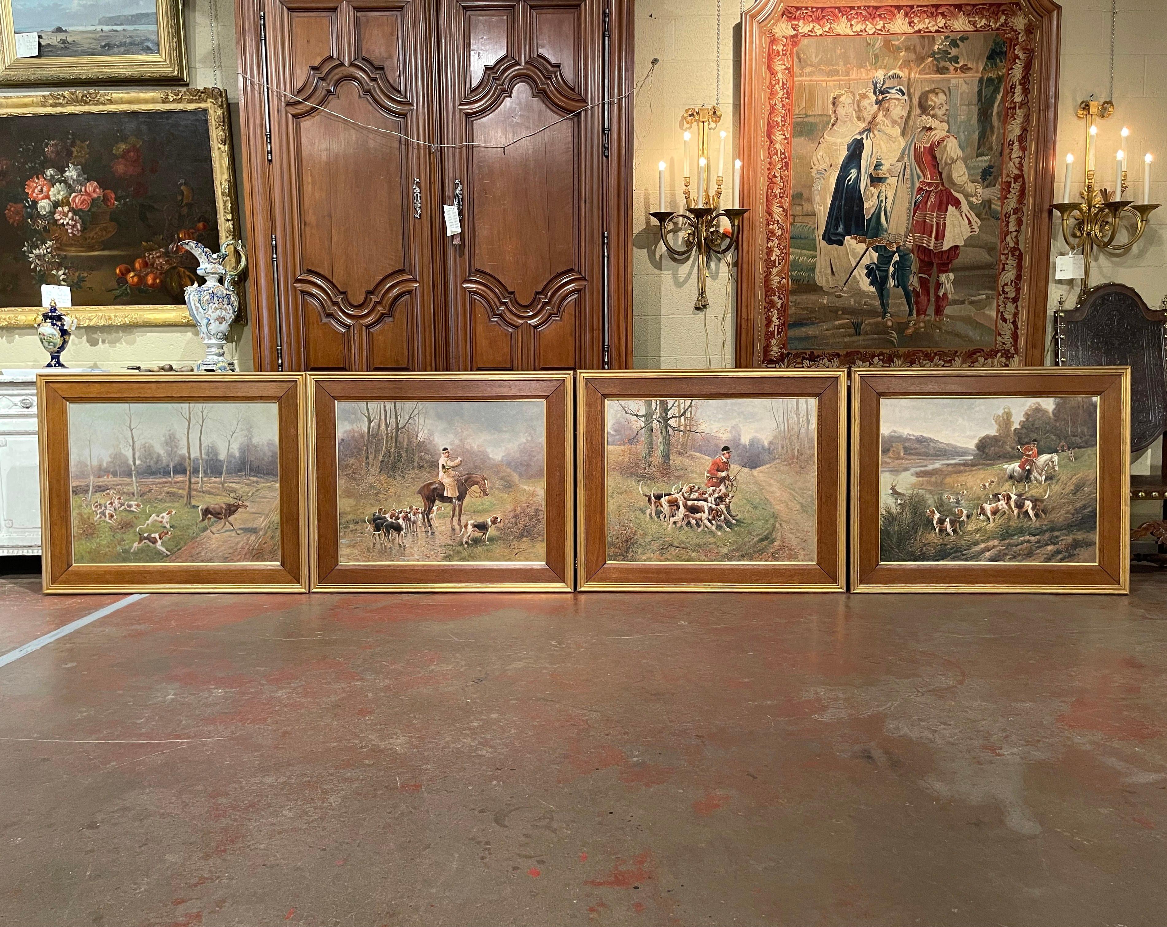 Decorate a study, a hunting lodge or a man's office with this exceptional suite of antique paintings. Crafted in France circa 1890 and set in the original oak wood frame with gilt wood bands from later addition, each artwork depicts a typical French