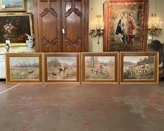 Set of Four 19th C. French Hunting Paintings Signed Emile Godchaux in Oak Frames