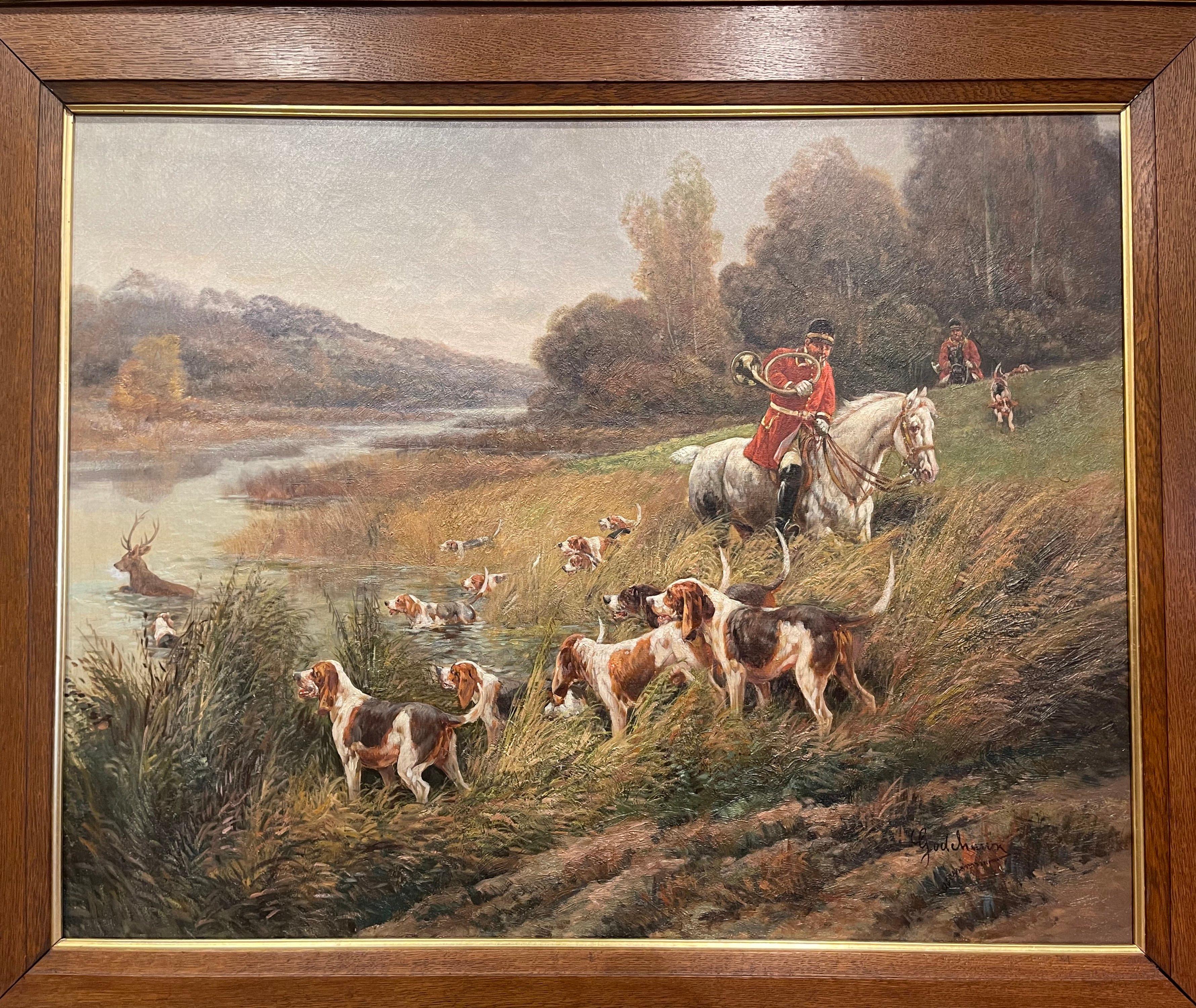 Country Set of Four 19th Century Framed Oil on Canvas Hunt Paintings Signed E. Godchaux For Sale