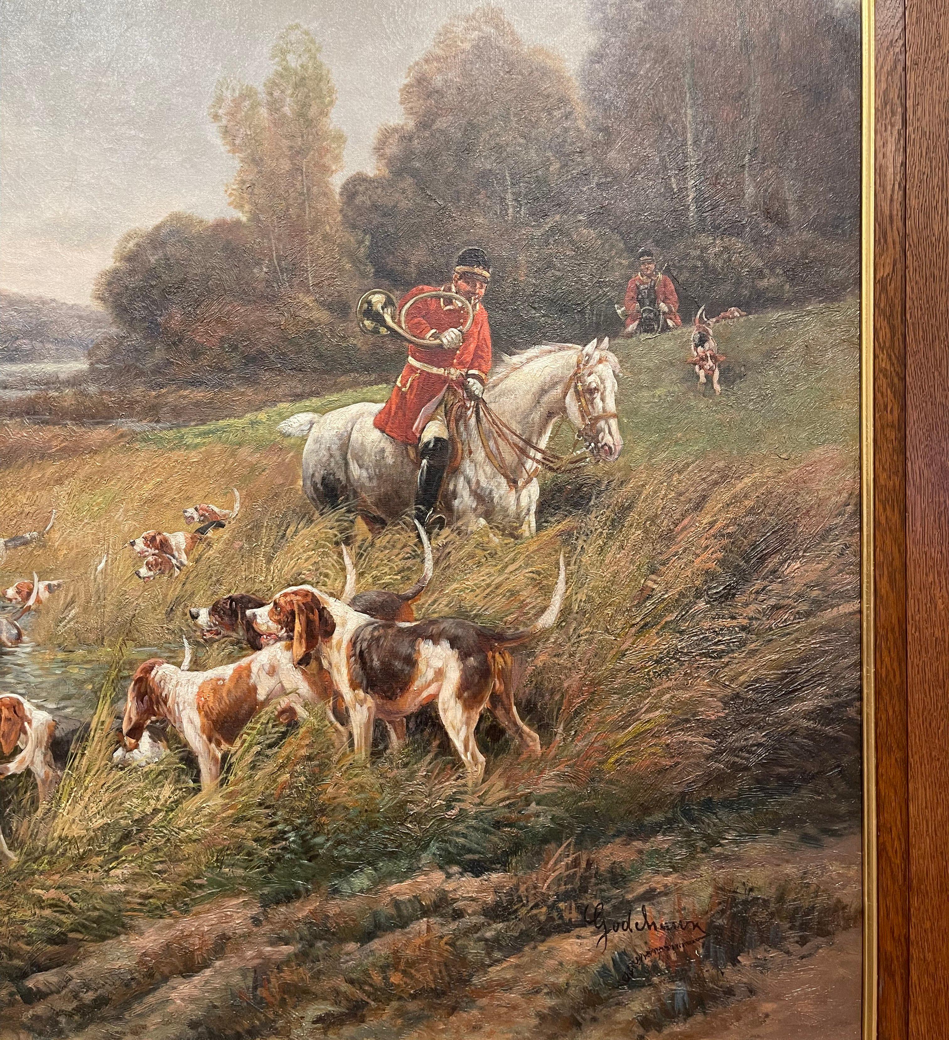 Hand-Carved Set of Four 19th Century Framed Oil on Canvas Hunt Paintings Signed E. Godchaux For Sale