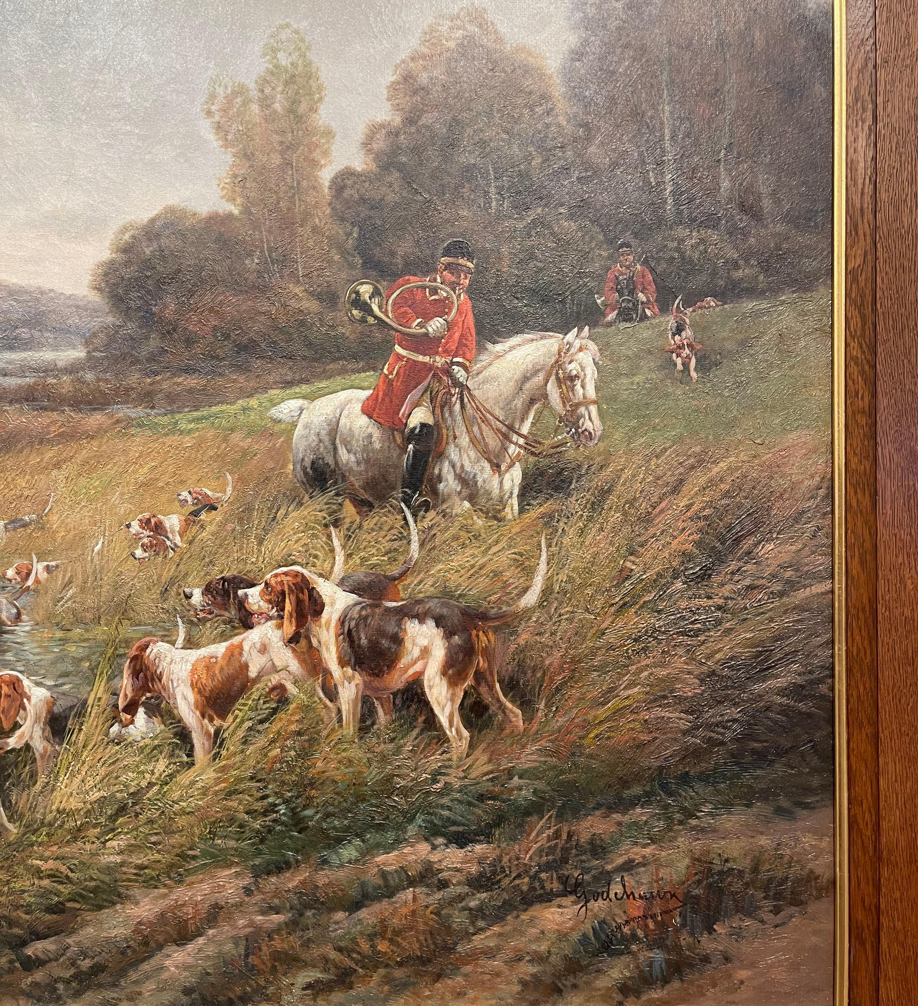 Sculpté à la main Ensemble de quatre peintures de chasse encadrées sur toile du 19ème siècle signées E. Godchaux en vente