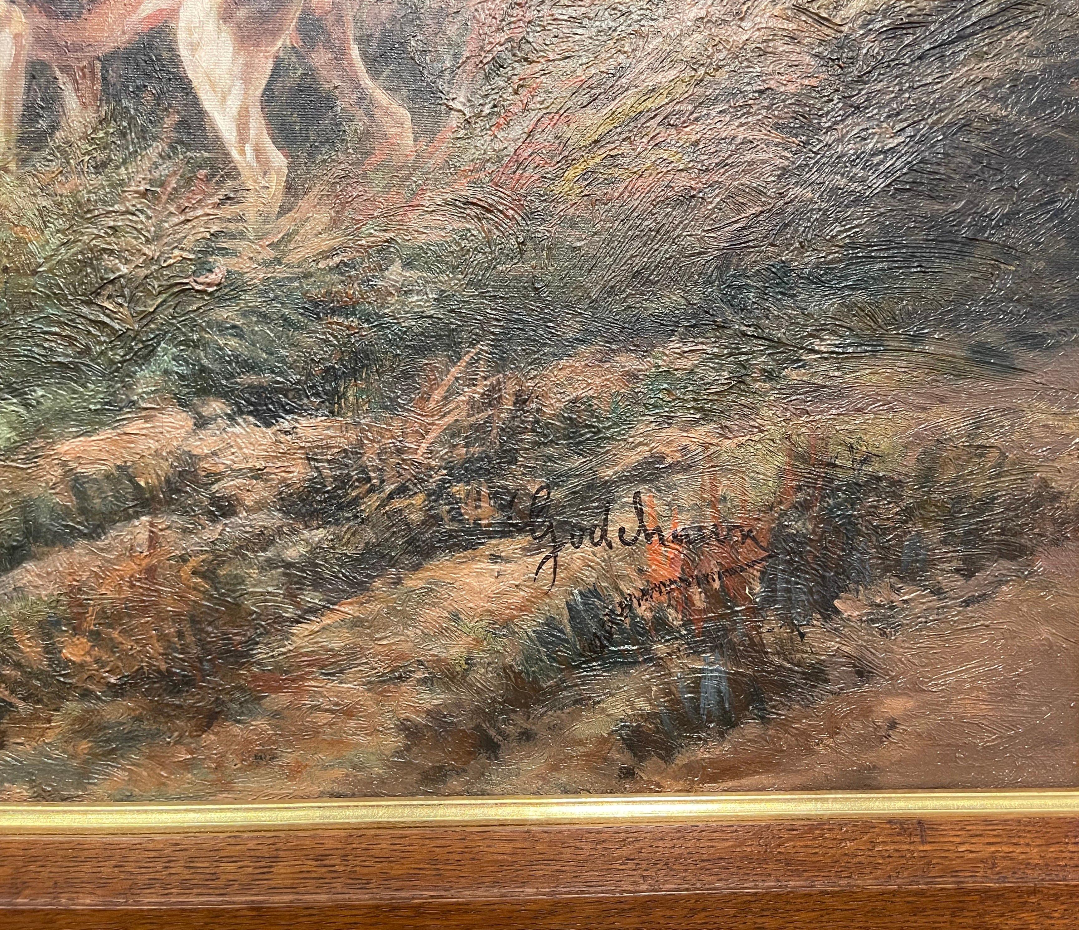Ensemble de quatre peintures de chasse encadrées sur toile du 19ème siècle signées E. Godchaux Excellent état - En vente à Dallas, TX