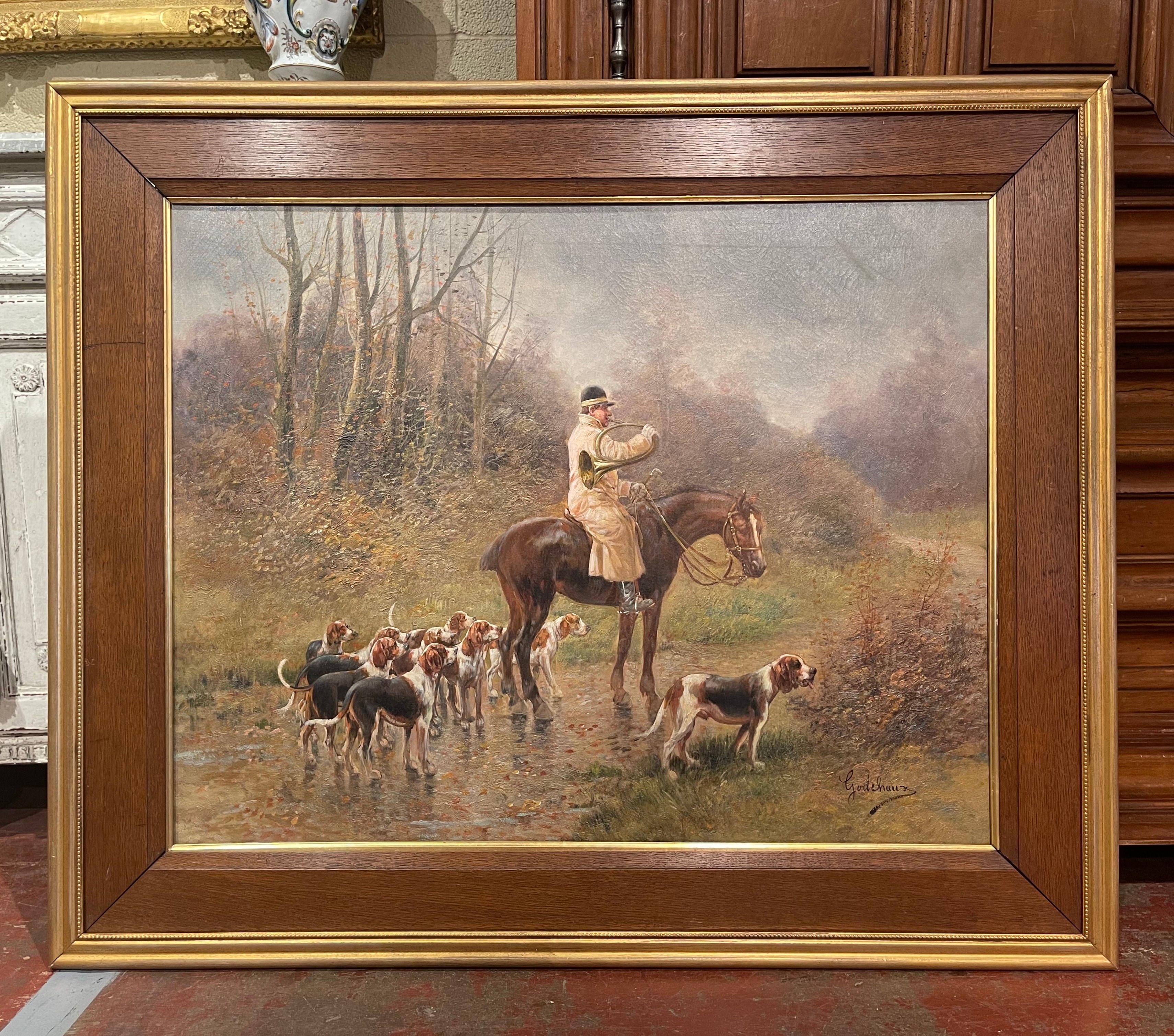 Set of Four 19th Century Framed Oil on Canvas Hunt Paintings Signed E. Godchaux For Sale 1