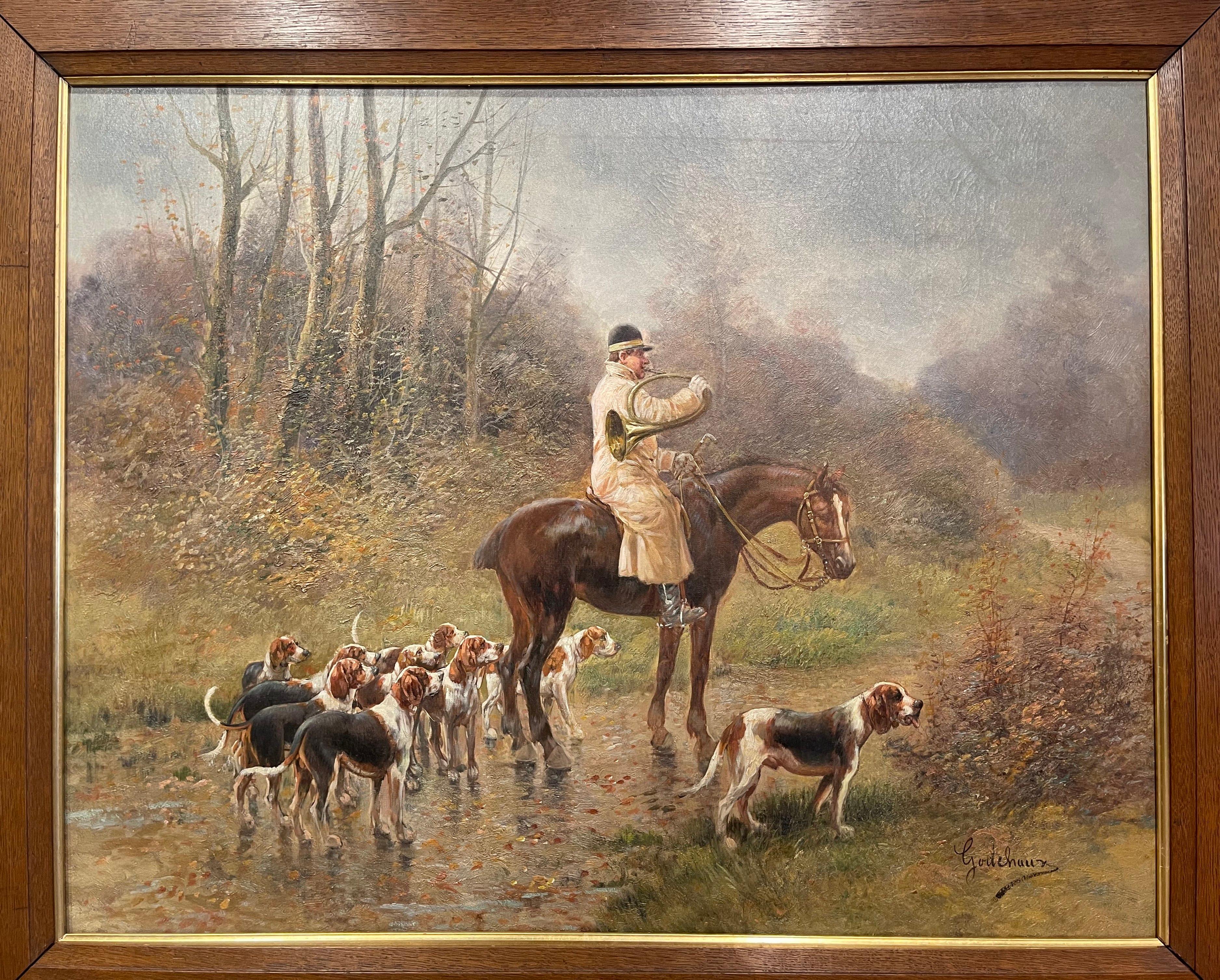 Set of Four 19th Century Framed Oil on Canvas Hunt Paintings Signed E. Godchaux For Sale 2