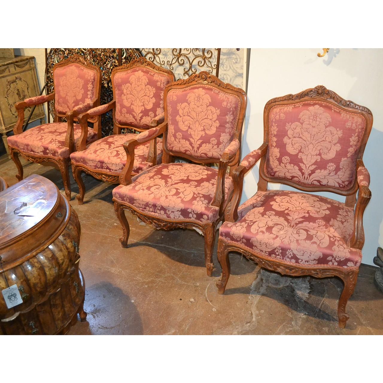 Brocade Set of Four 19th Century French Armchairs