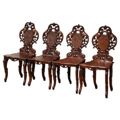 Antique Set of Four 19th Century French Black Forest Carved Walnut Chairs